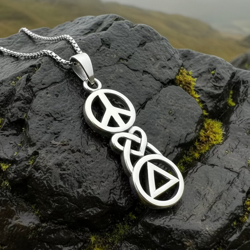 Peace, Love, & Sobriety Celtic AA Necklace in Sterling Silver