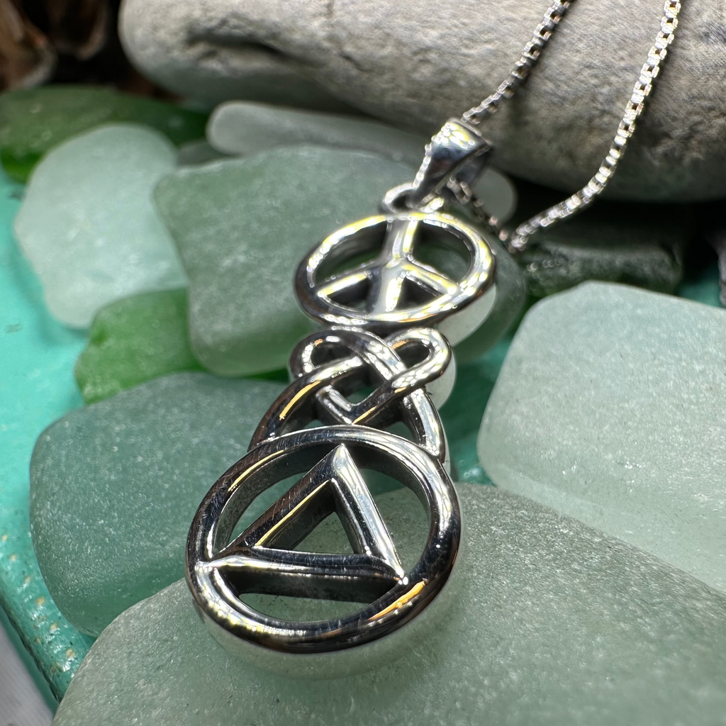 Peace, Love, & Sobriety Celtic AA Necklace in Sterling Silver