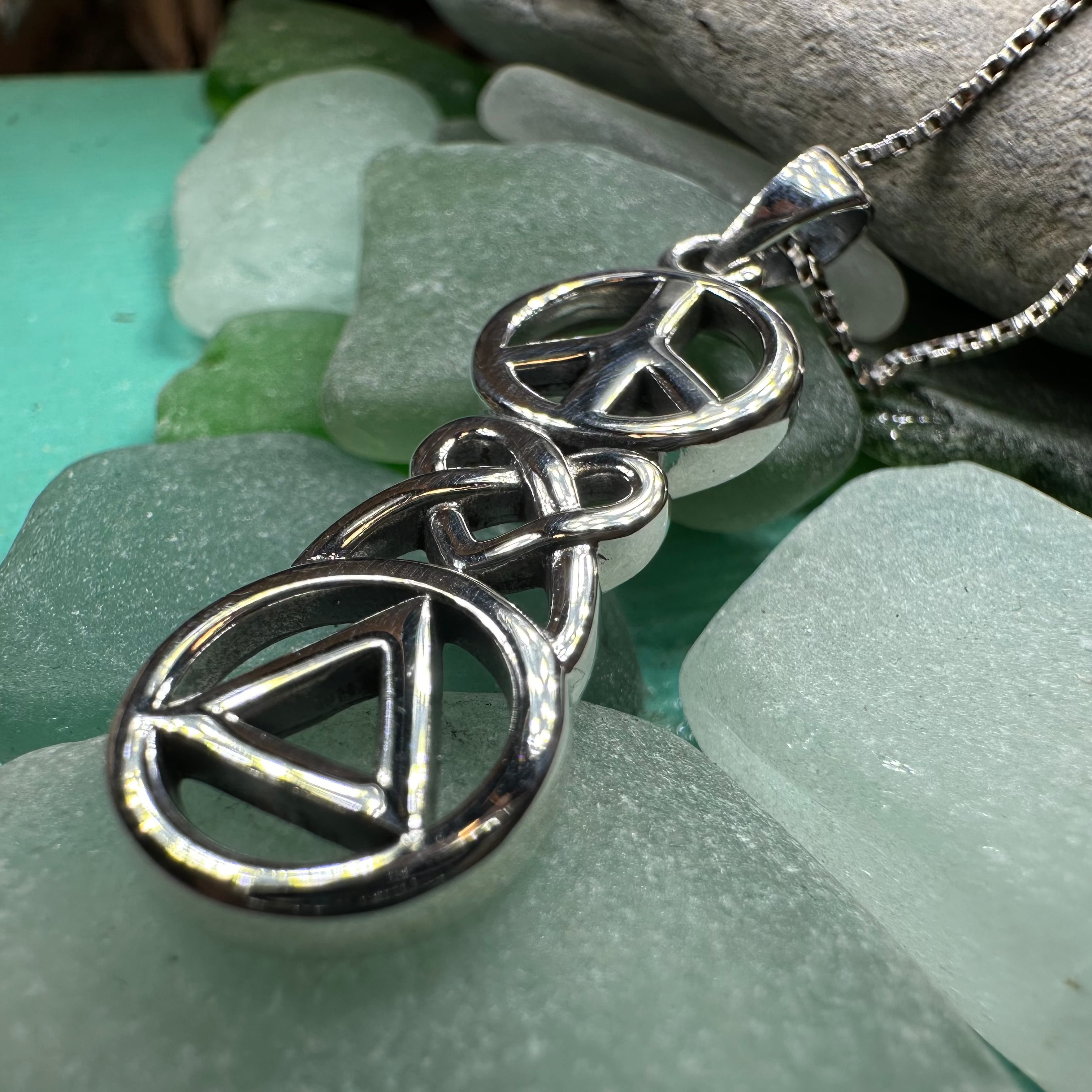Peace, Love, & Sobriety Celtic AA Necklace in Sterling Silver