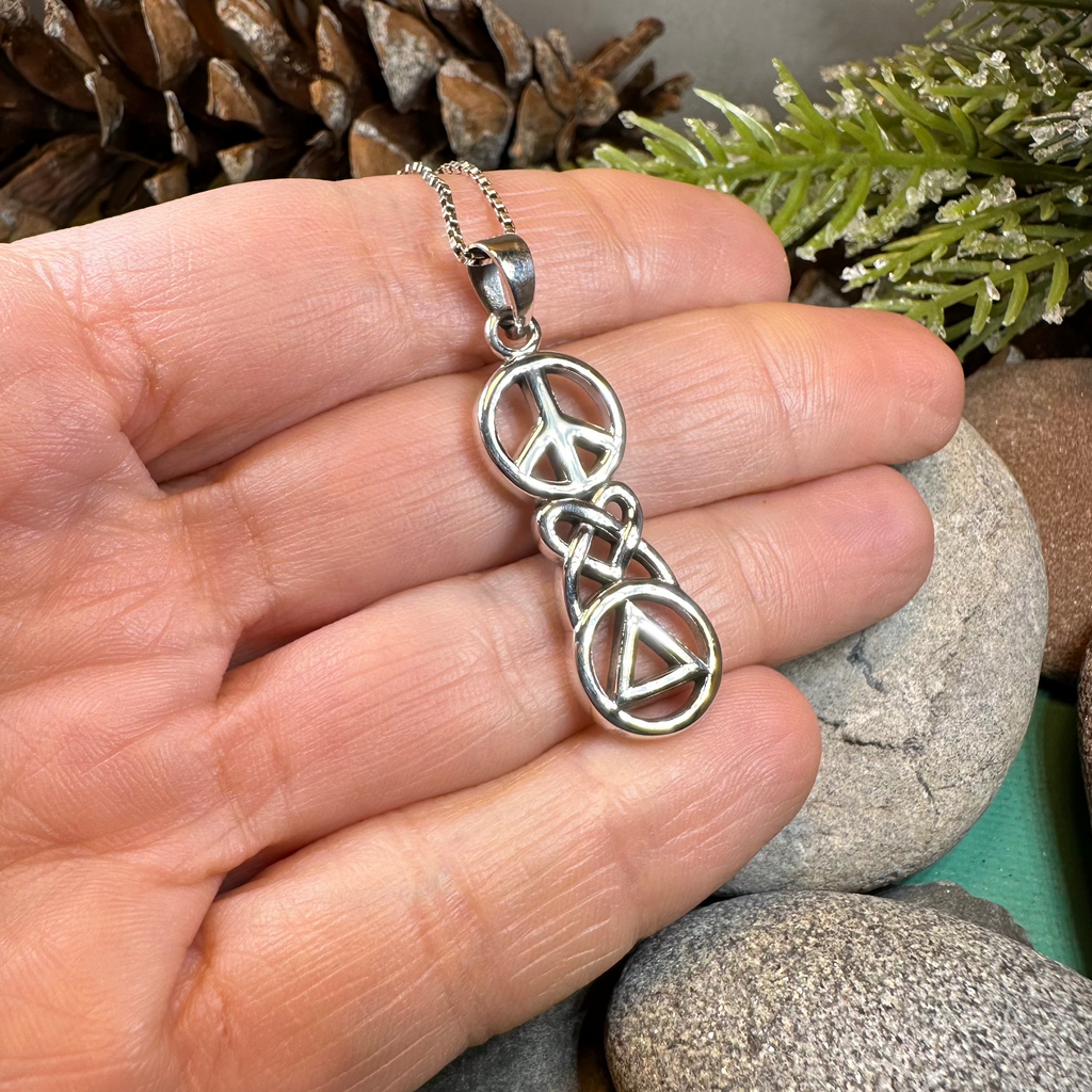 Peace, Love, & Sobriety Celtic AA Necklace in Sterling Silver