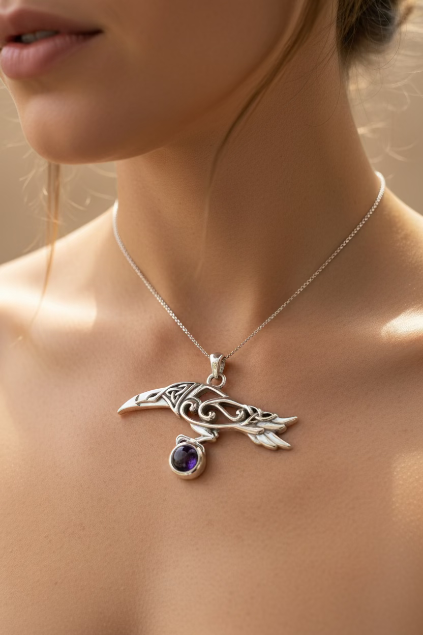 Watcher Celtic Raven Necklace in Sterling Silver