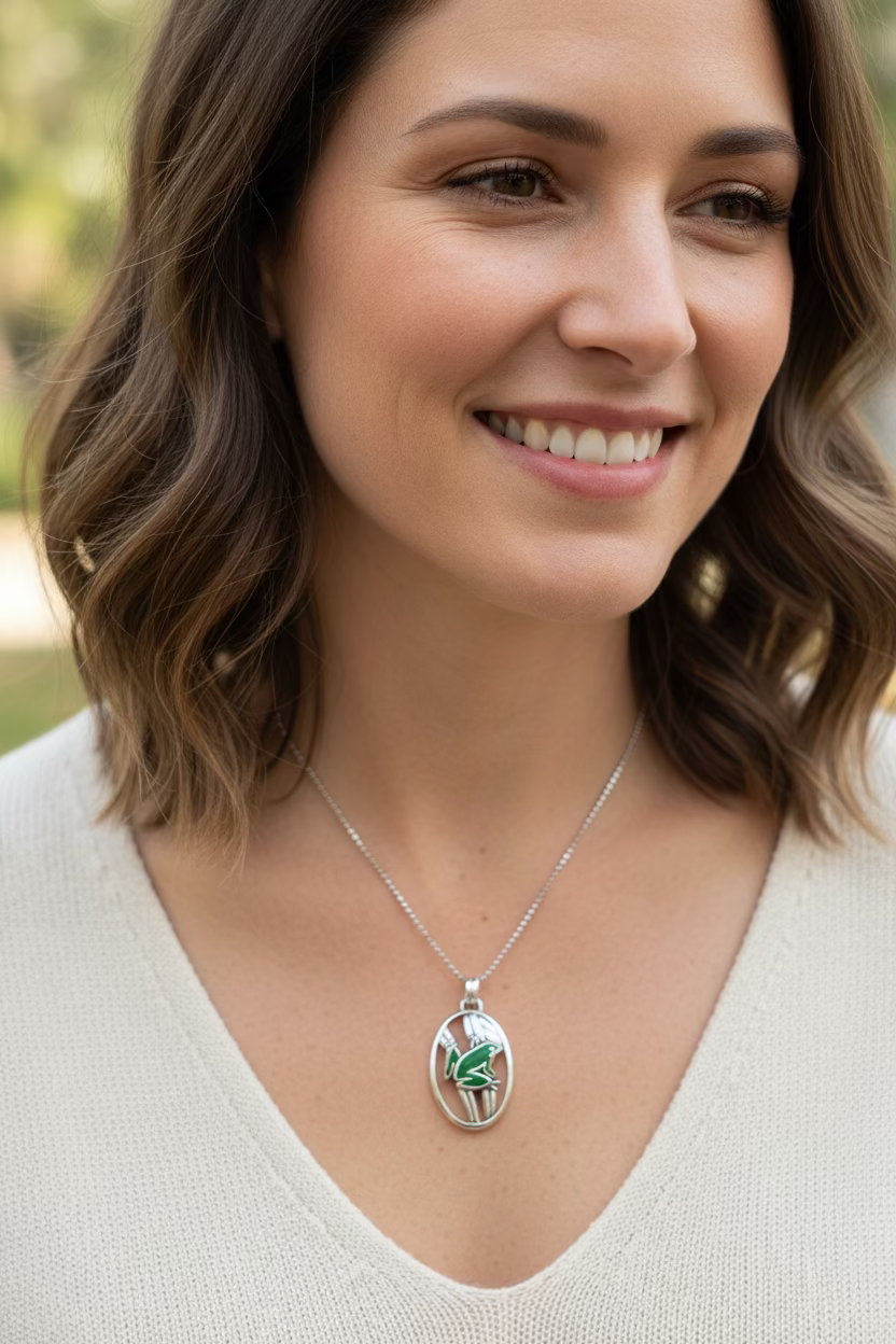 Enamel Green Frog Necklace in Sterling Silver