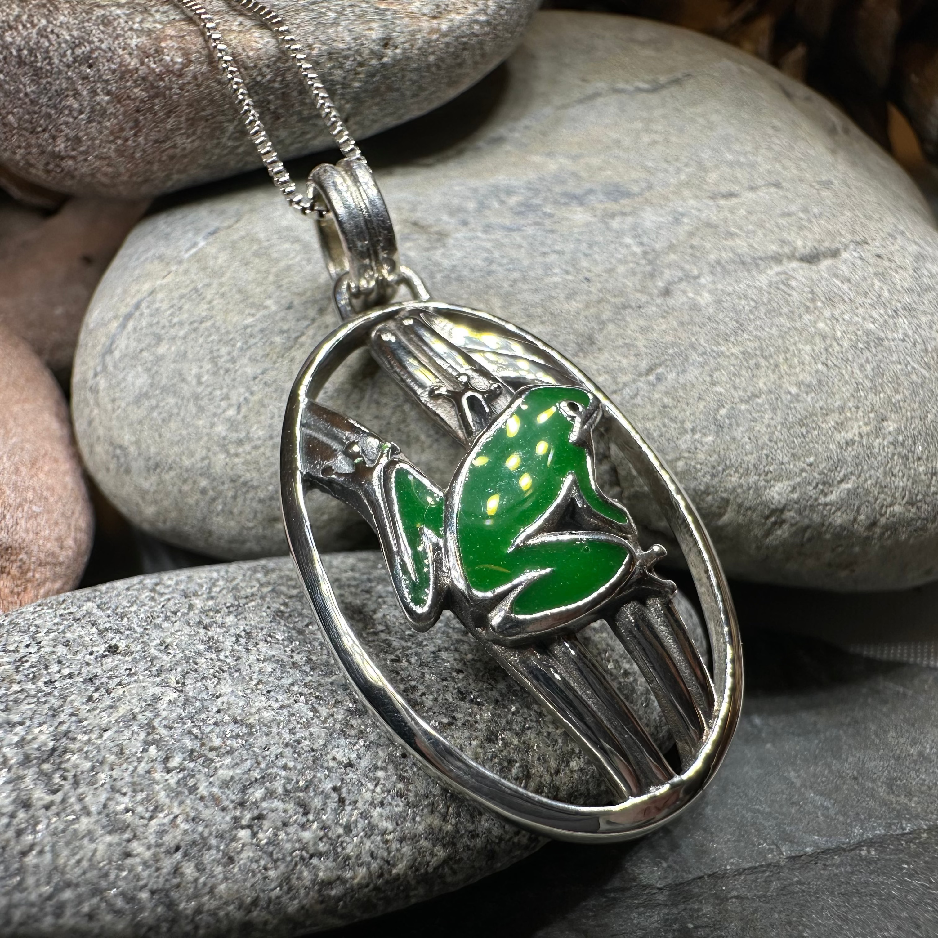 Enamel Green Frog Necklace in Sterling Silver