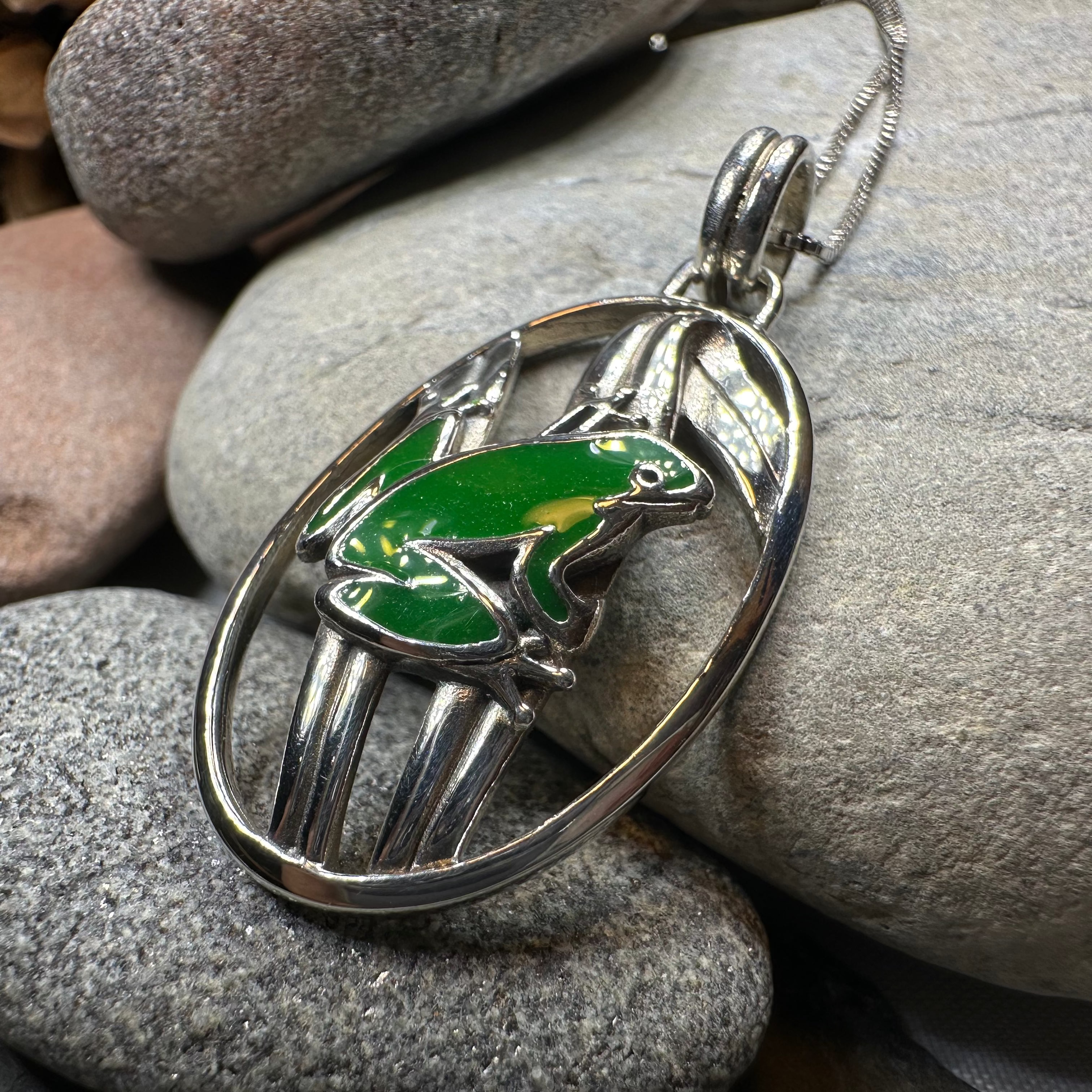 Enamel Green Frog Necklace in Sterling Silver
