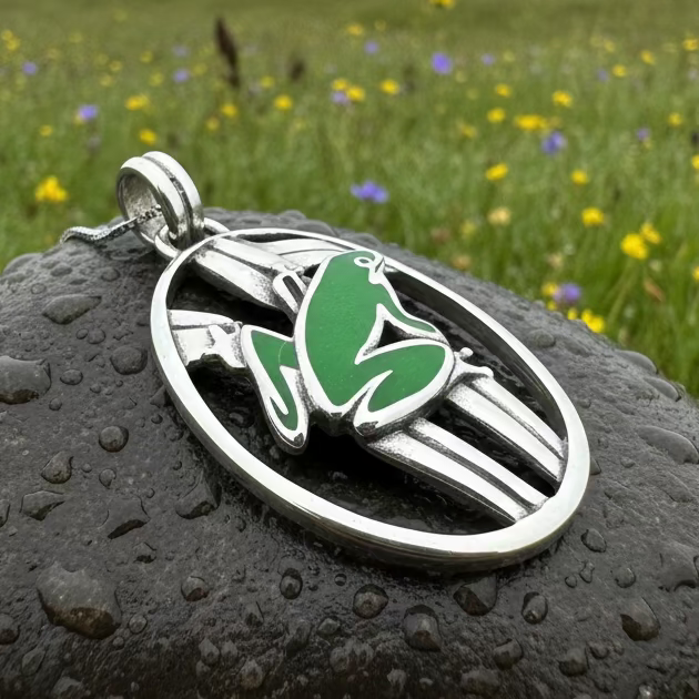 Enamel Green Frog Necklace in Sterling Silver