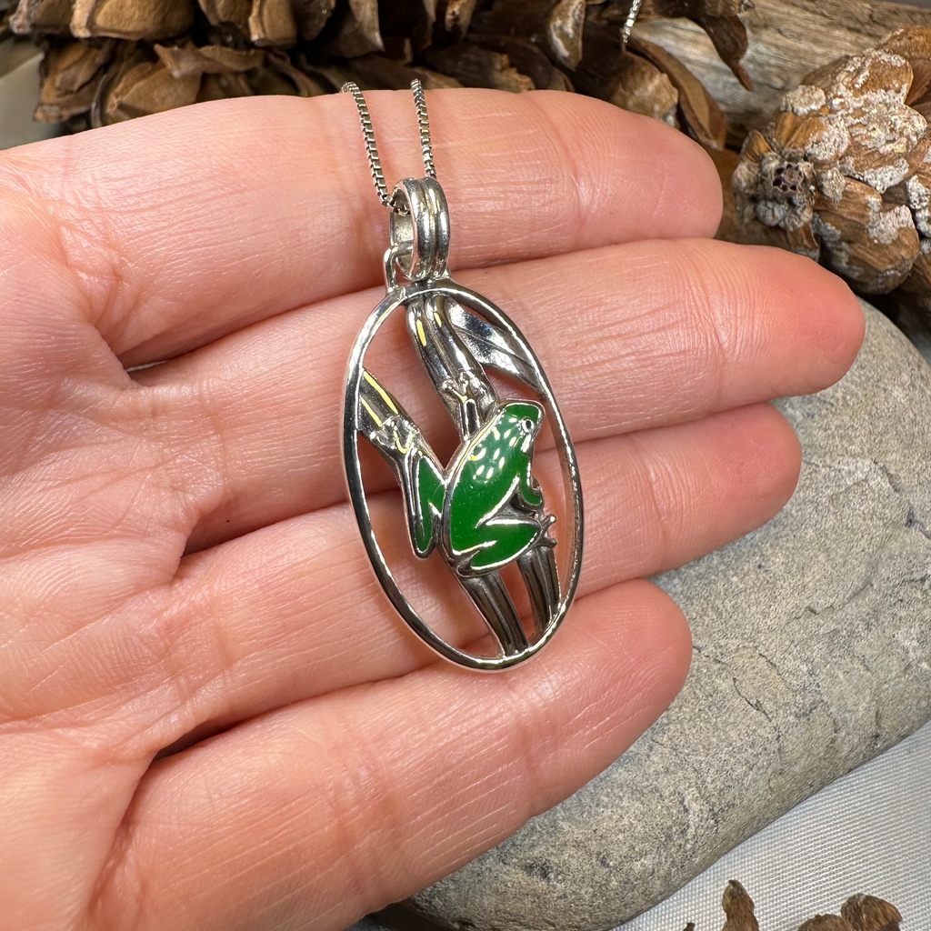 Enamel Green Frog Necklace in Sterling Silver