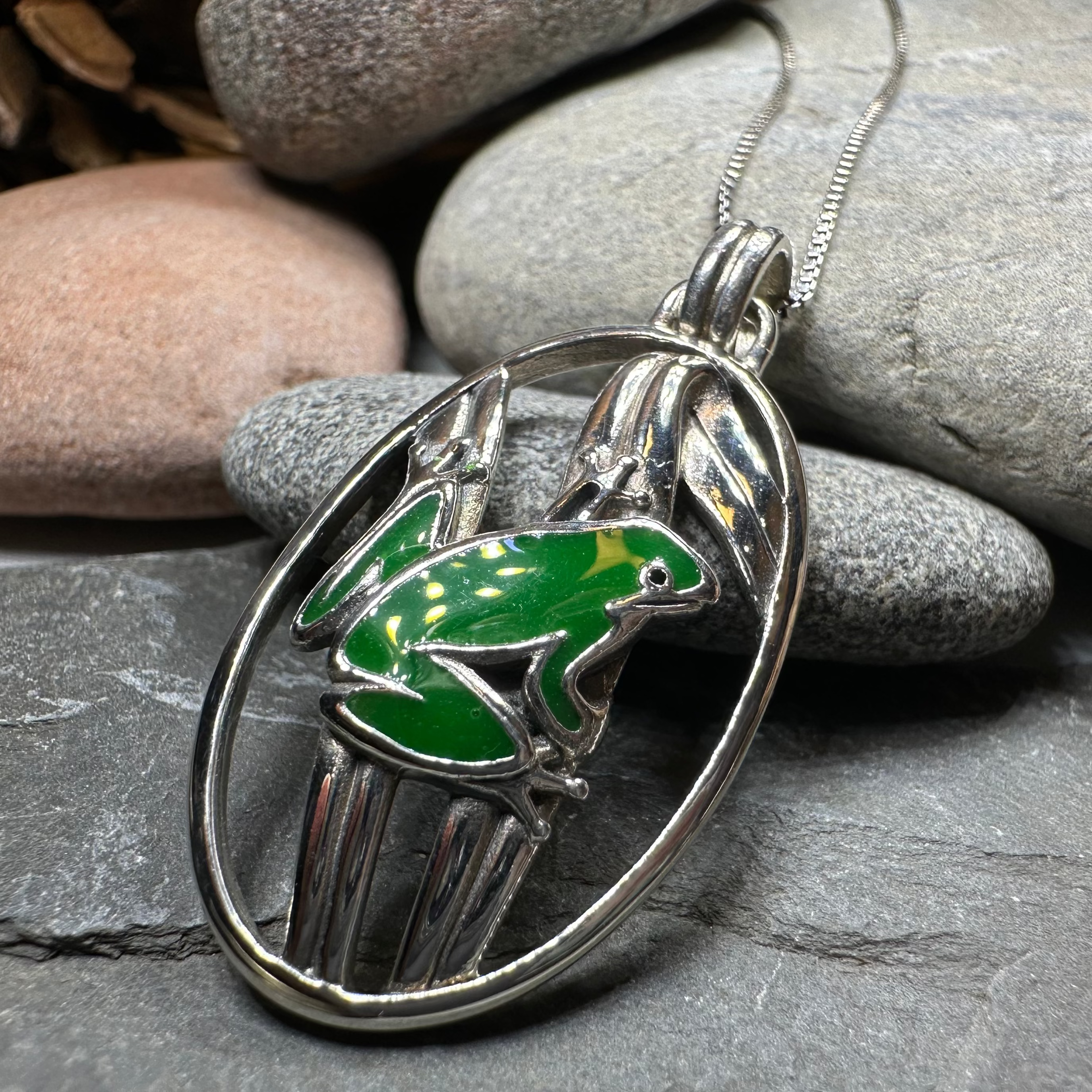 Enamel Green Frog Necklace in Sterling Silver