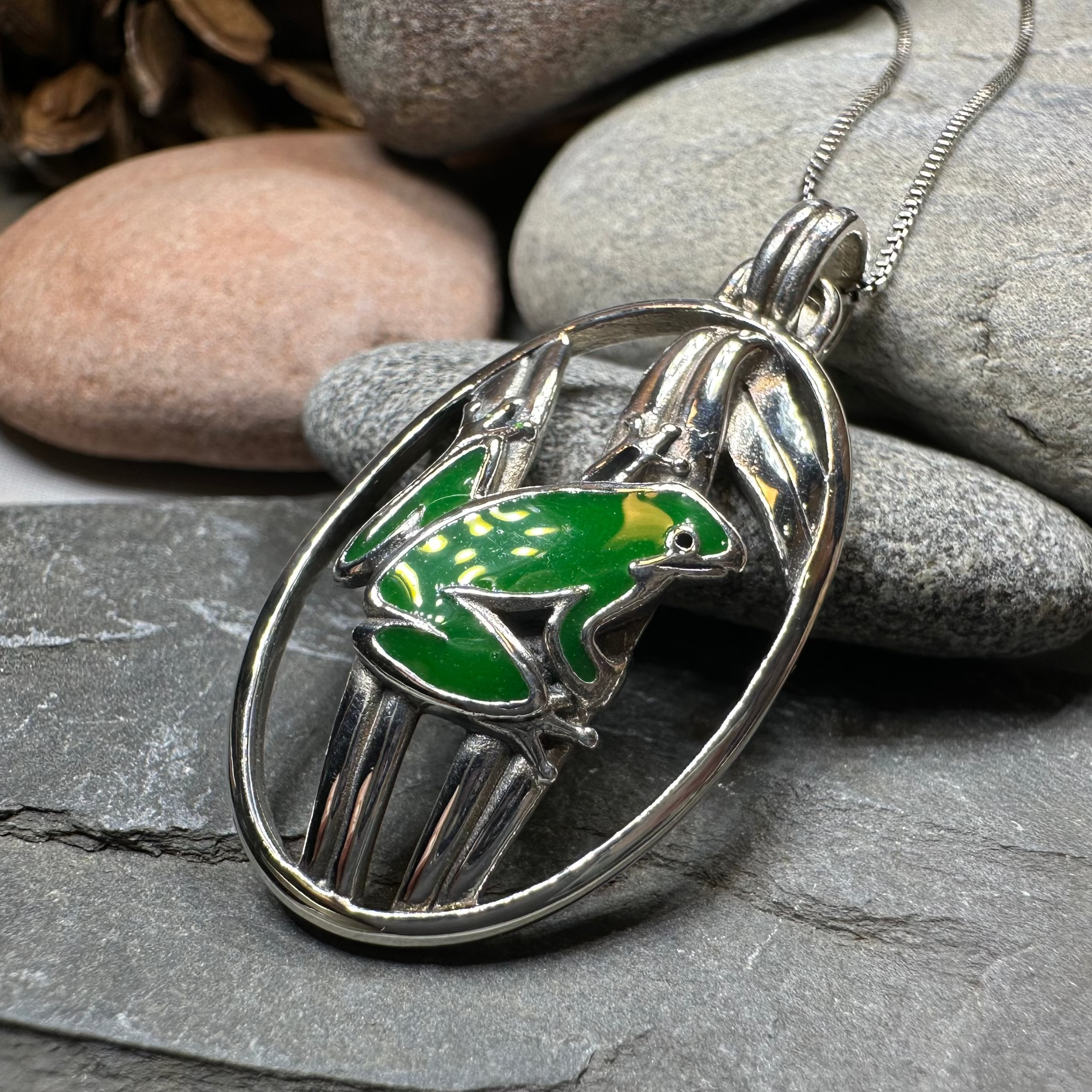 Enamel Green Frog Necklace in Sterling Silver