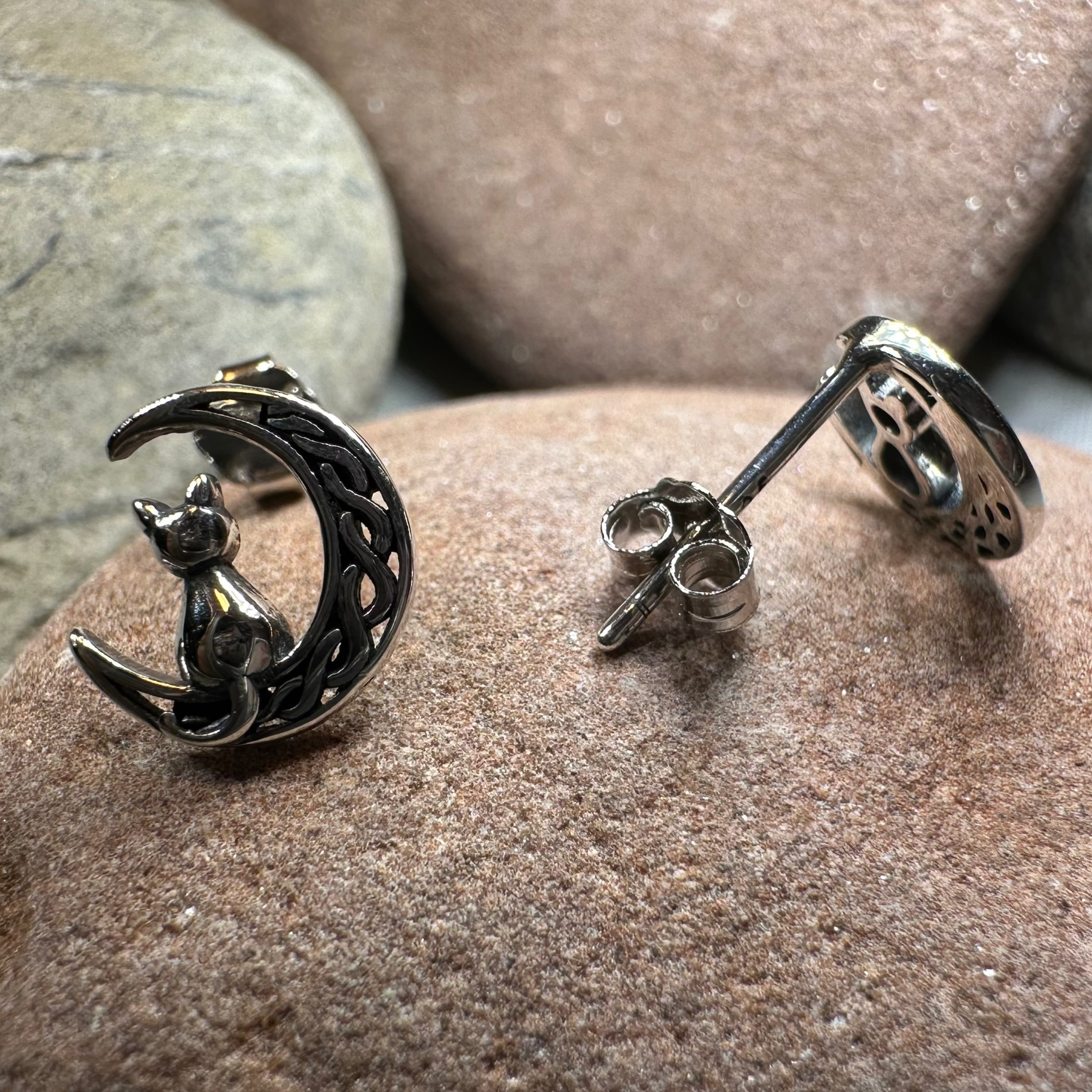 Celtic Cat & Crescent Moon Stud Earrings