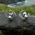 Celtic Cat & Crescent Moon Stud Earrings