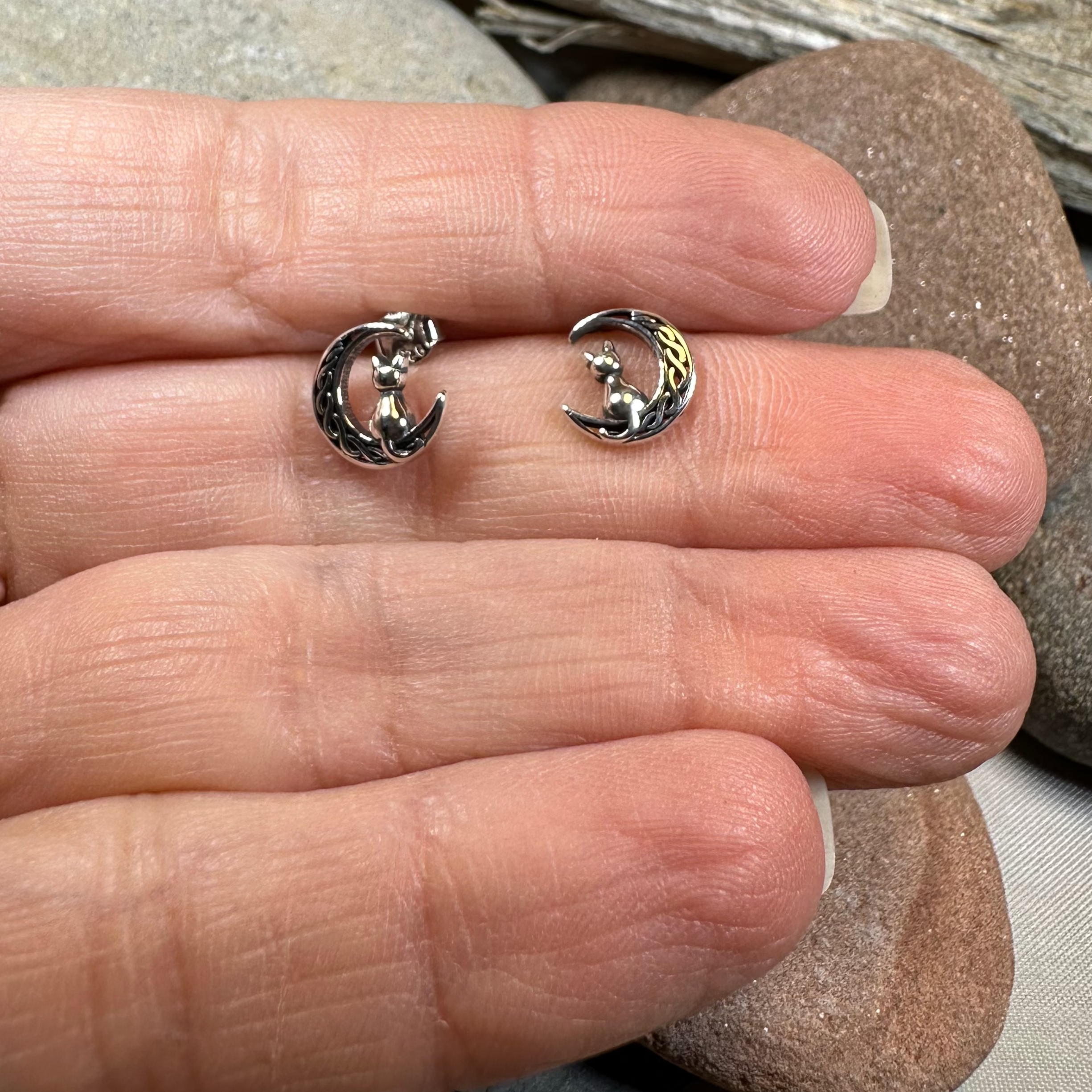 Celtic Cat & Crescent Moon Stud Earrings