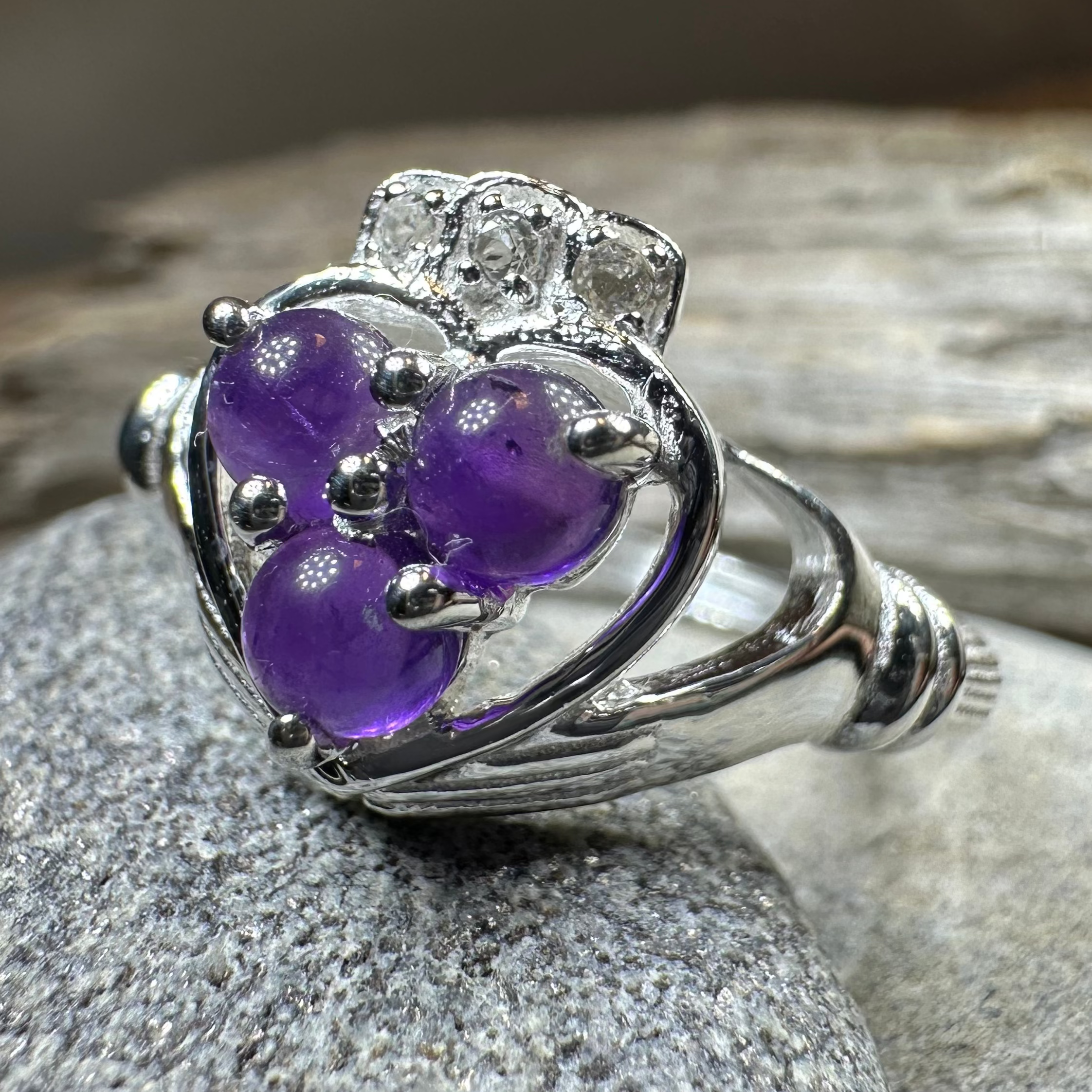 Eternity Amethyst Irish Claddagh Ring in Sterling Silver