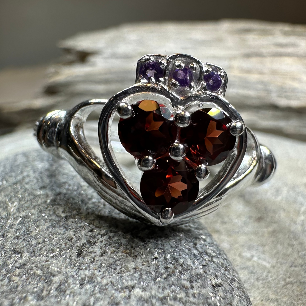Irish True Love Garnet Claddagh Ring in Sterling Silver