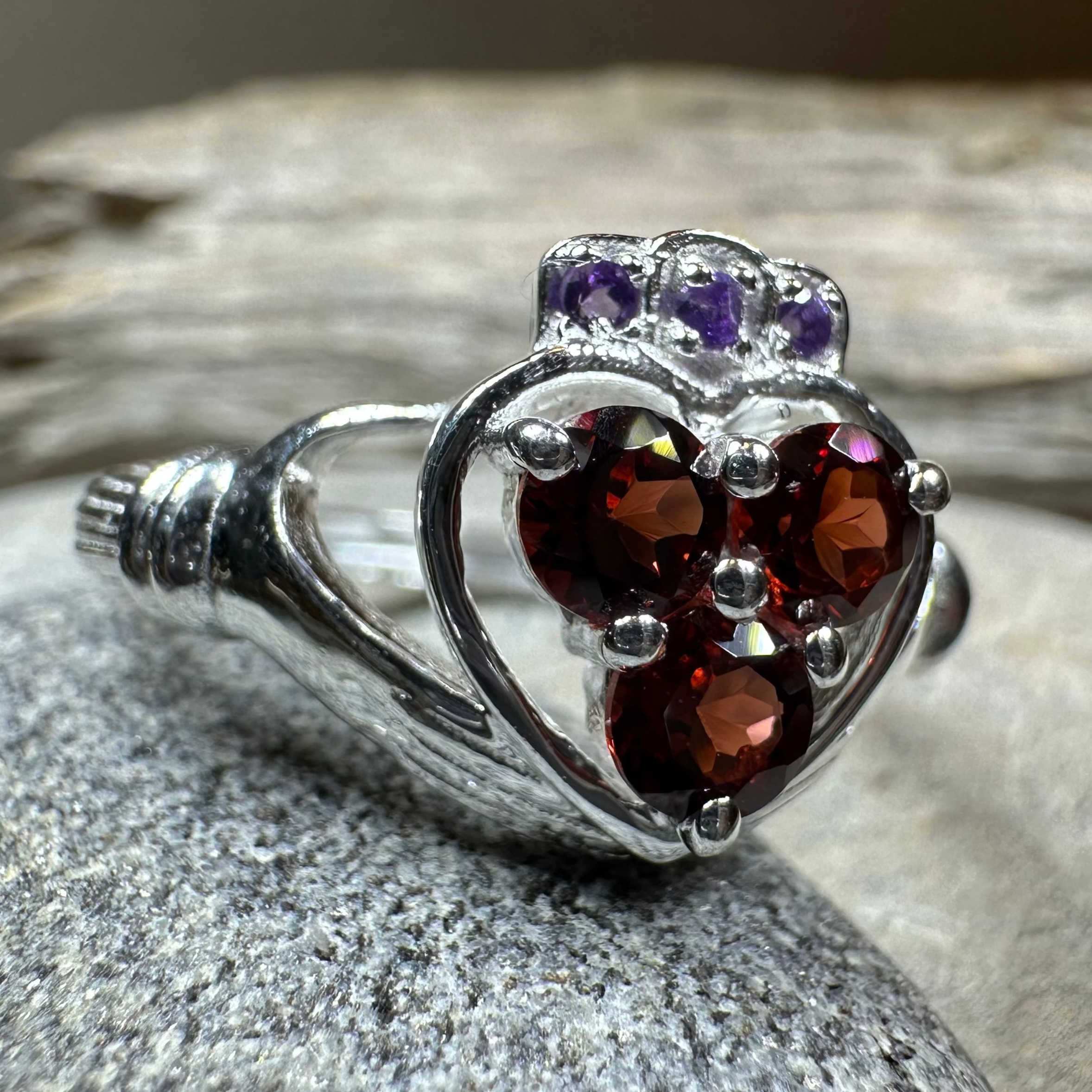 Irish True Love Garnet Claddagh Ring in Sterling Silver