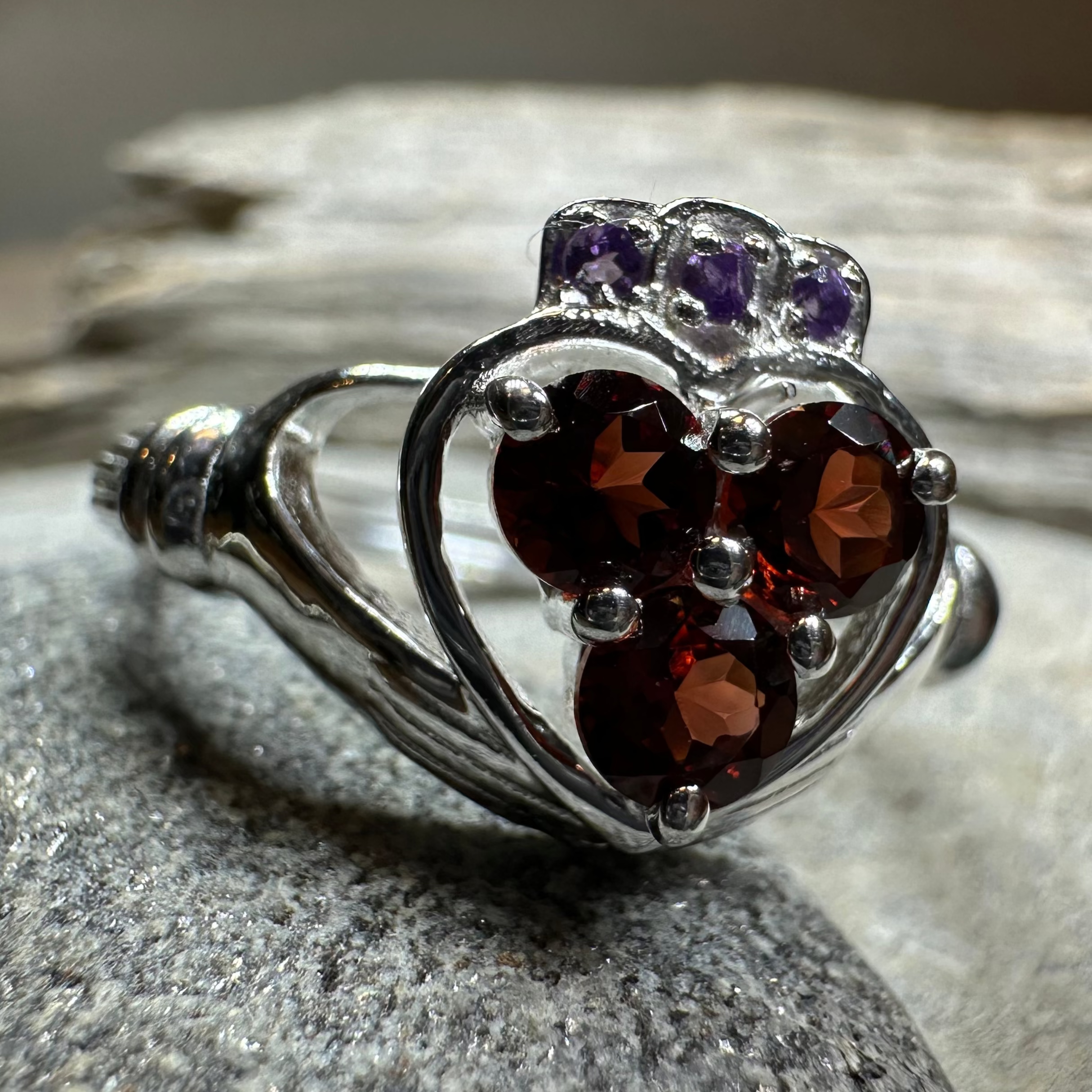 Irish True Love Garnet Claddagh Ring in Sterling Silver