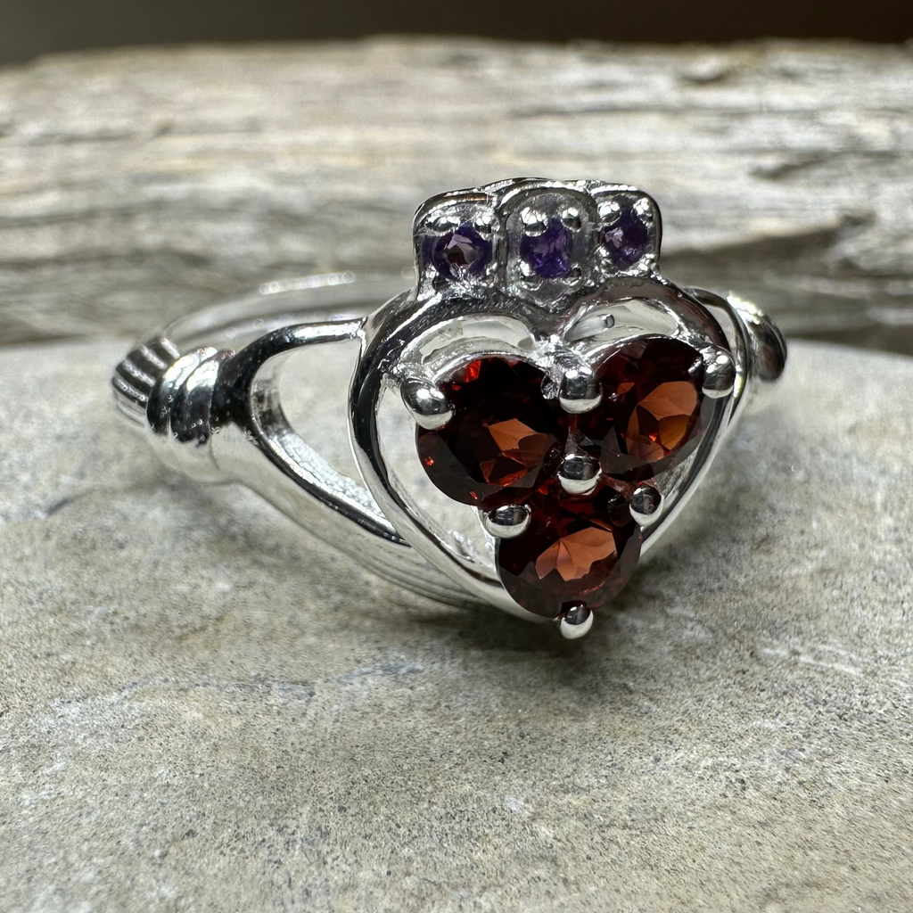 Irish True Love Garnet Claddagh Ring in Sterling Silver