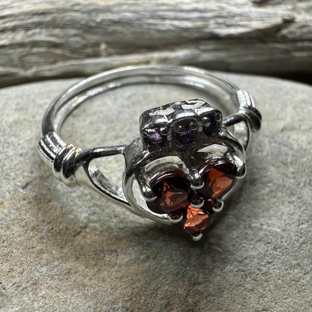 Irish True Love Garnet Claddagh Ring in Sterling Silver