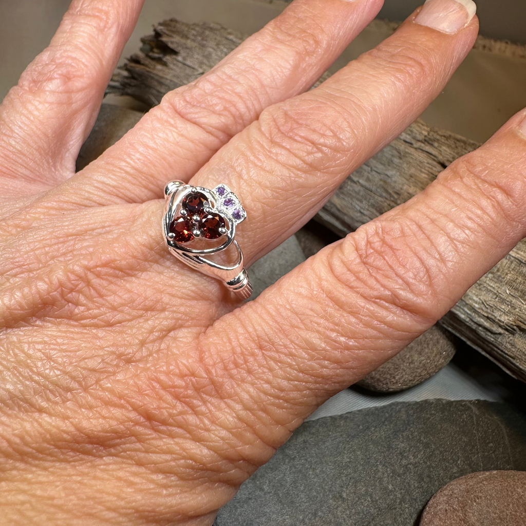 Irish True Love Garnet Claddagh Ring in Sterling Silver