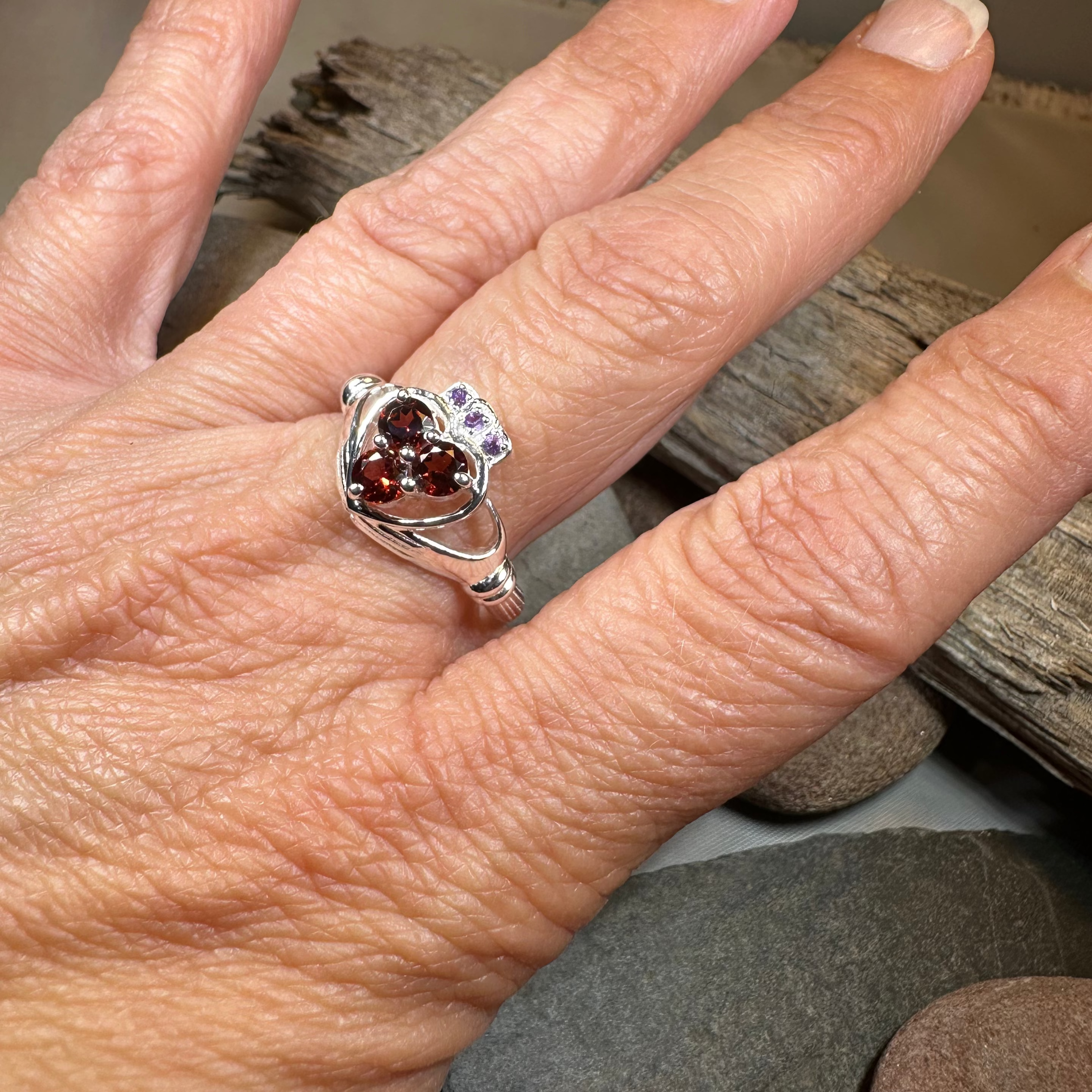 Irish True Love Garnet Claddagh Ring in Sterling Silver