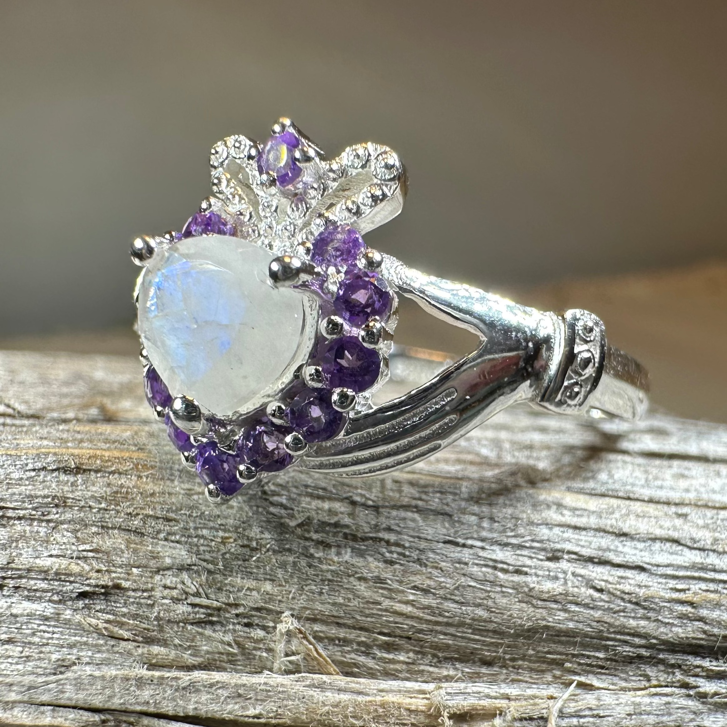 Adore Moonstone Irish Claddagh Ring in Sterling Silver