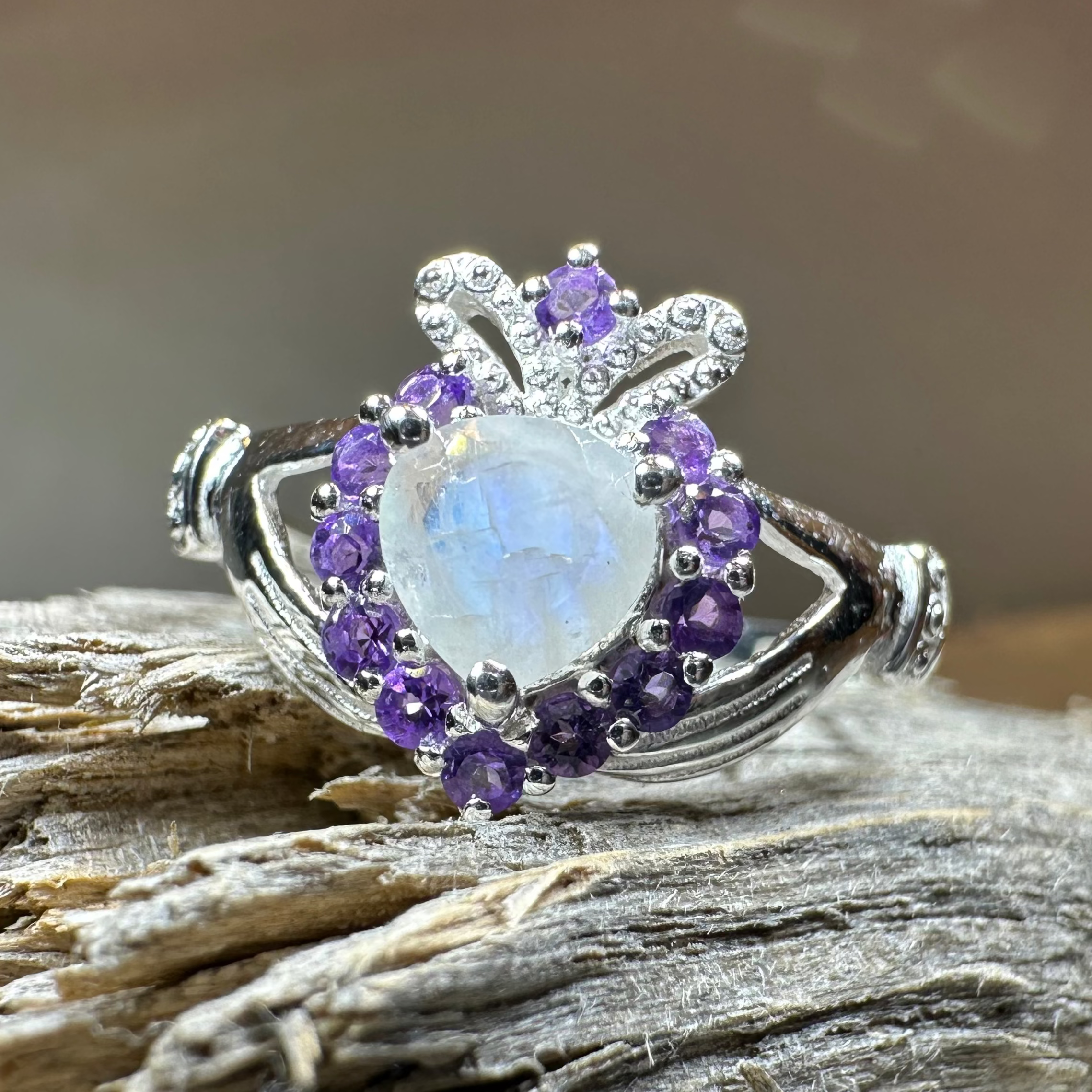 Adore Moonstone Irish Claddagh Ring in Sterling Silver