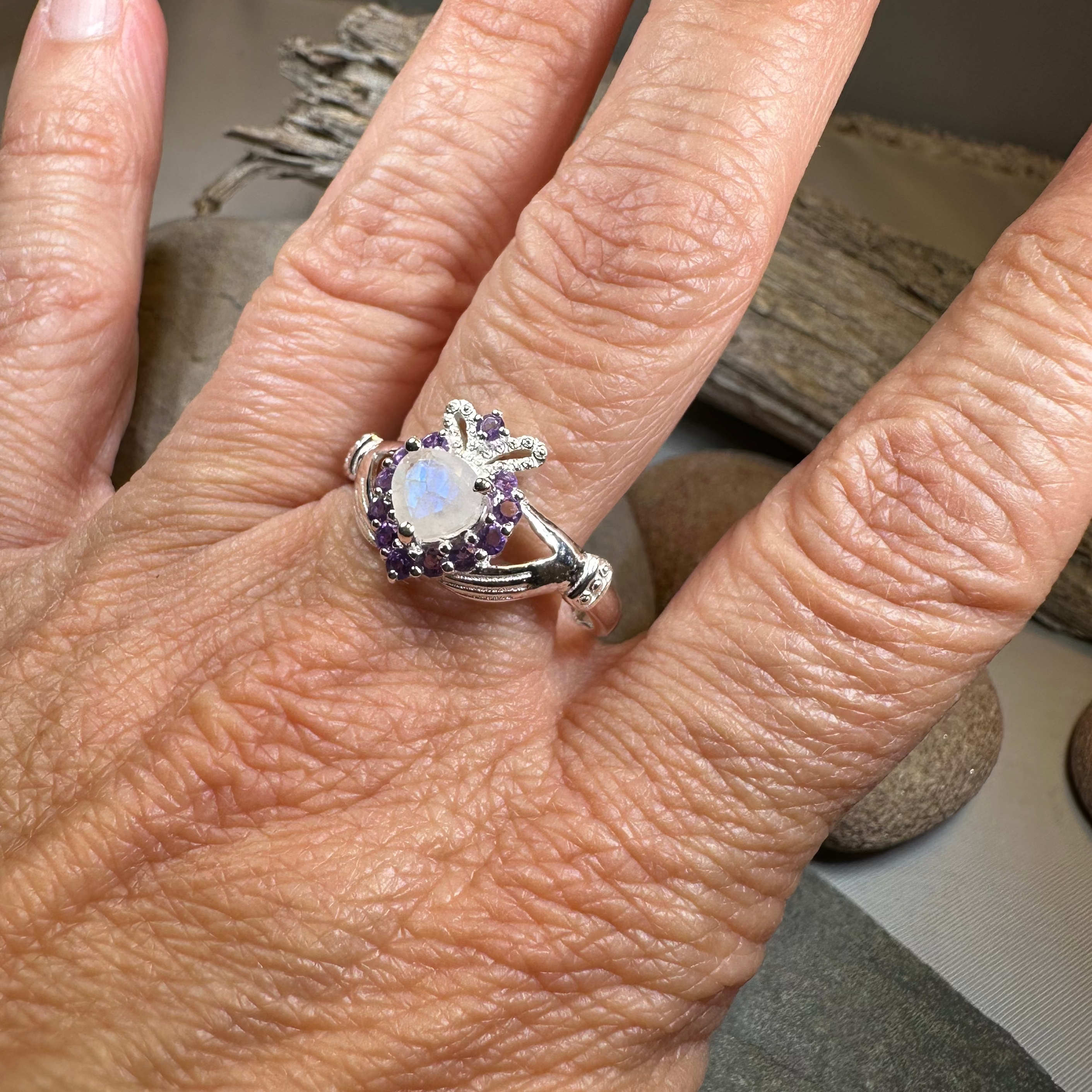 Adore Moonstone Irish Claddagh Ring in Sterling Silver