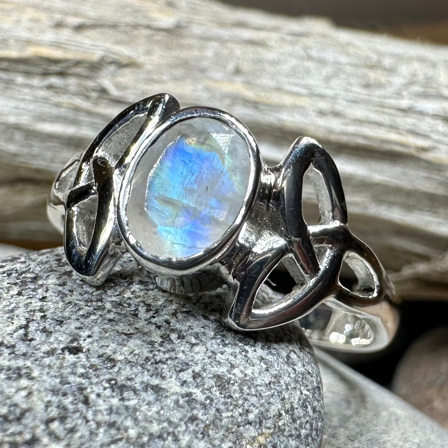 Cordelia Trinity Knot Moonstone Ring in Sterling Silver