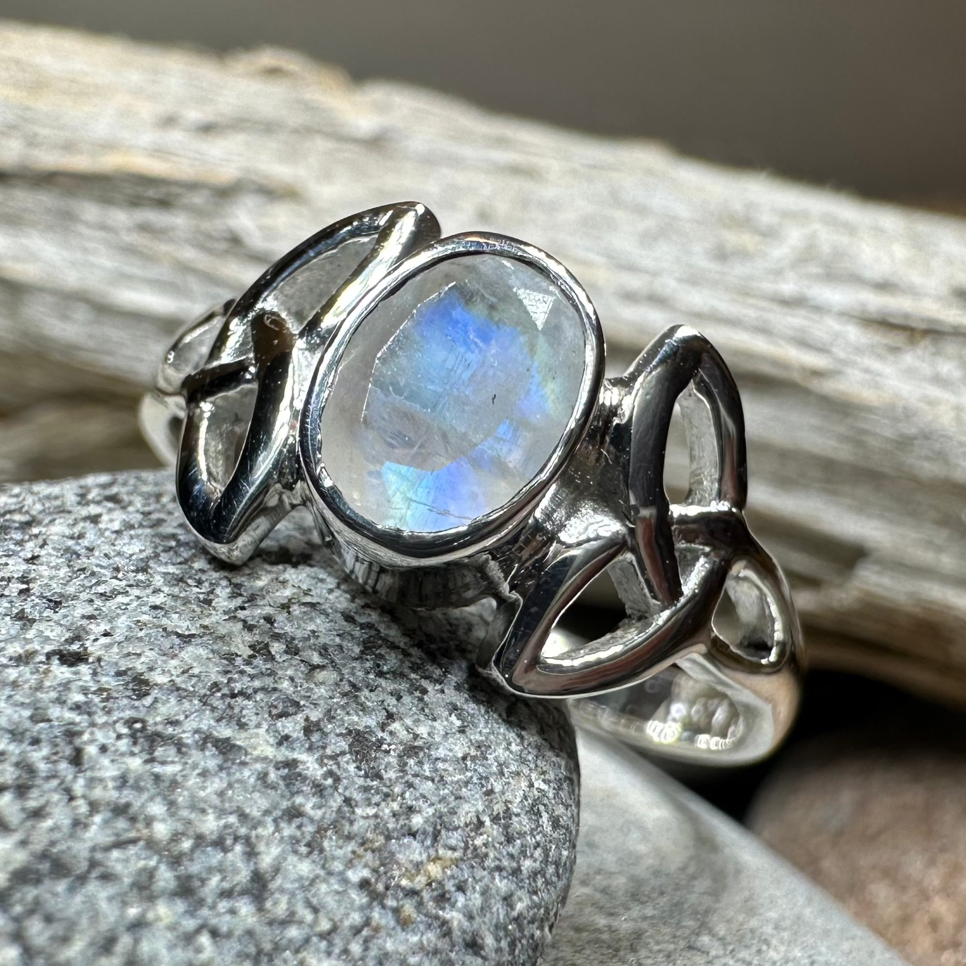 Cordelia Trinity Knot Moonstone Ring in Sterling Silver