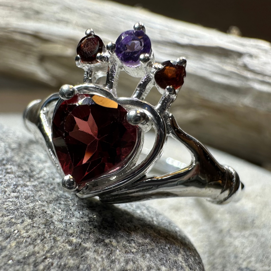 Royal Garnet Irish Claddagh Ring in Sterling Silver
