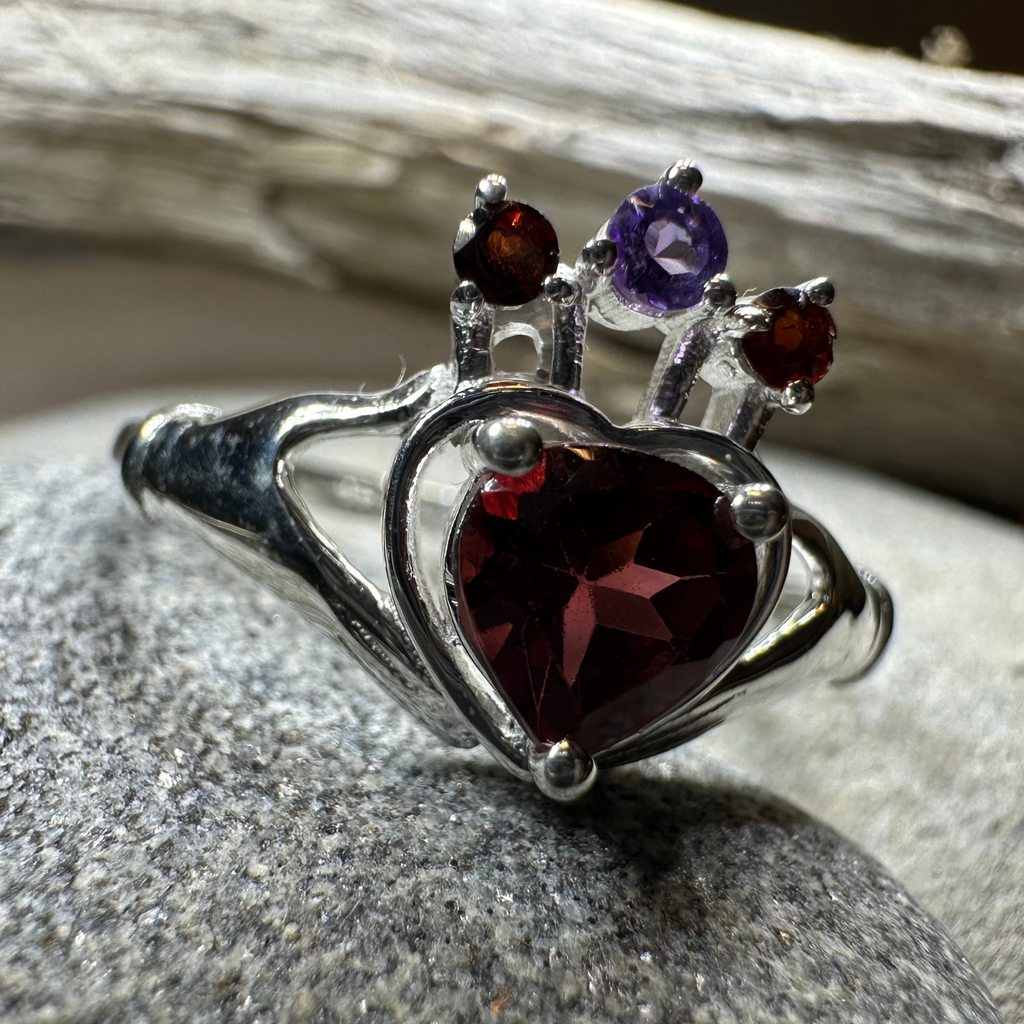 Royal Garnet Irish Claddagh Ring in Sterling Silver