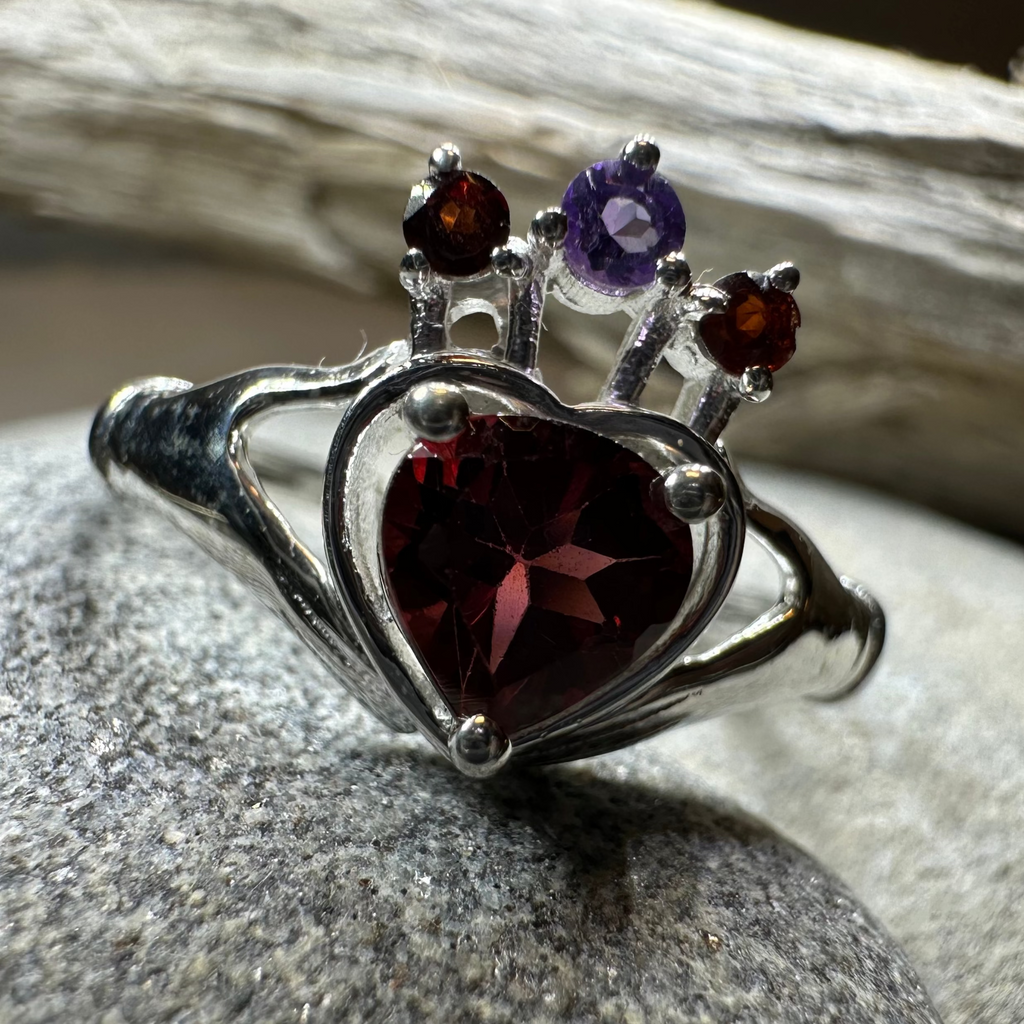 Royal Garnet Irish Claddagh Ring in Sterling Silver