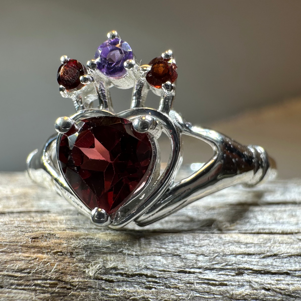 Royal Garnet Irish Claddagh Ring in Sterling Silver