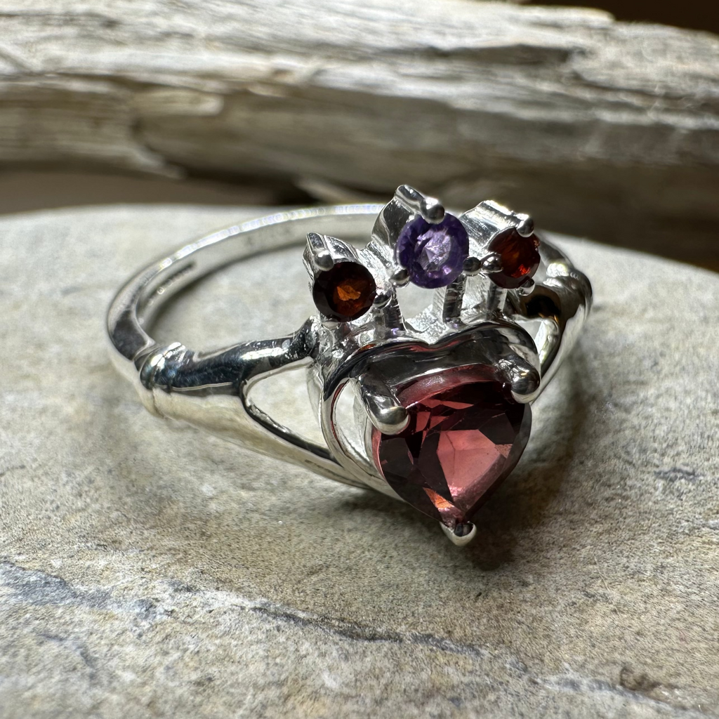 Royal Garnet Irish Claddagh Ring in Sterling Silver