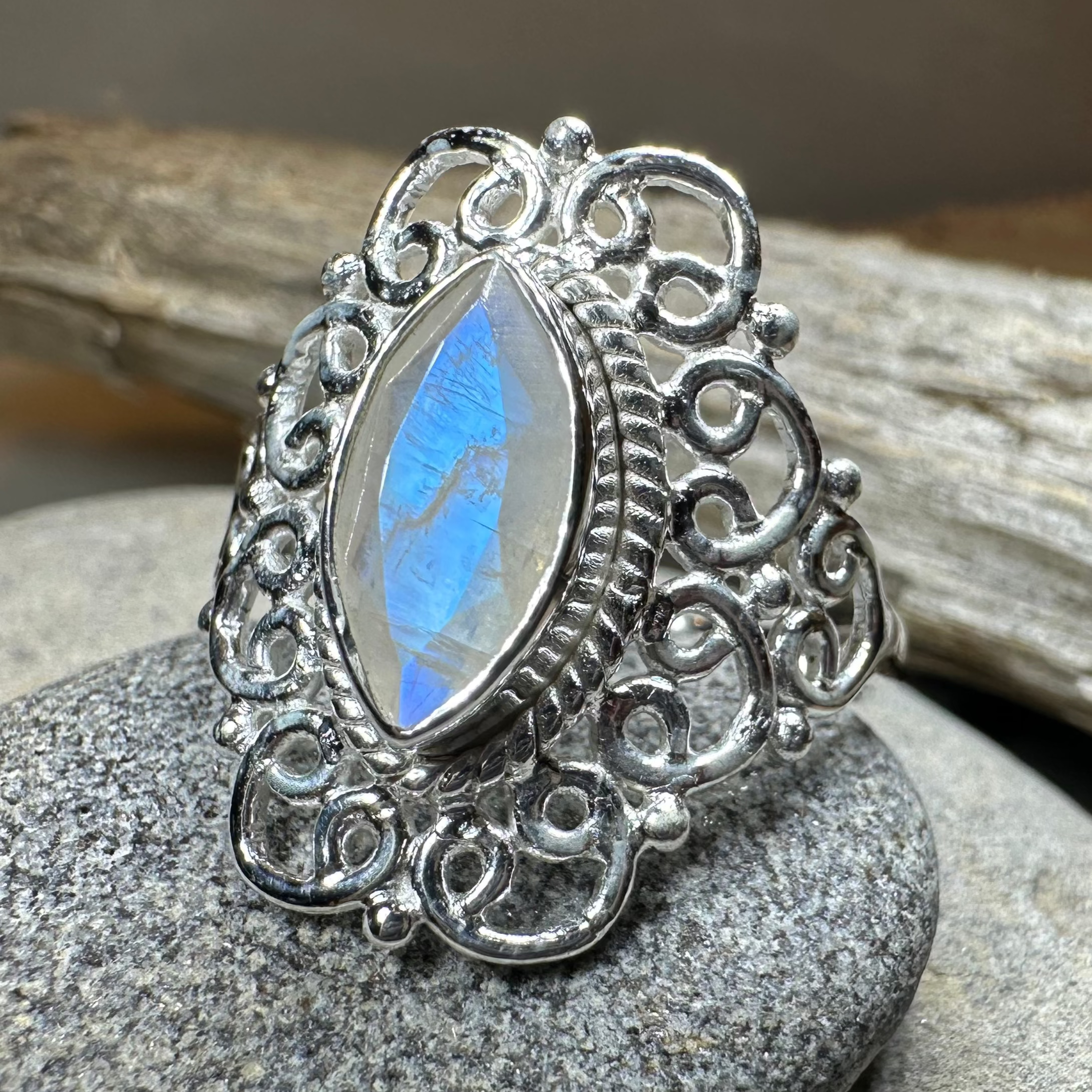 Orenda Celtic Spiral Moonstone Ring in Sterling Silver