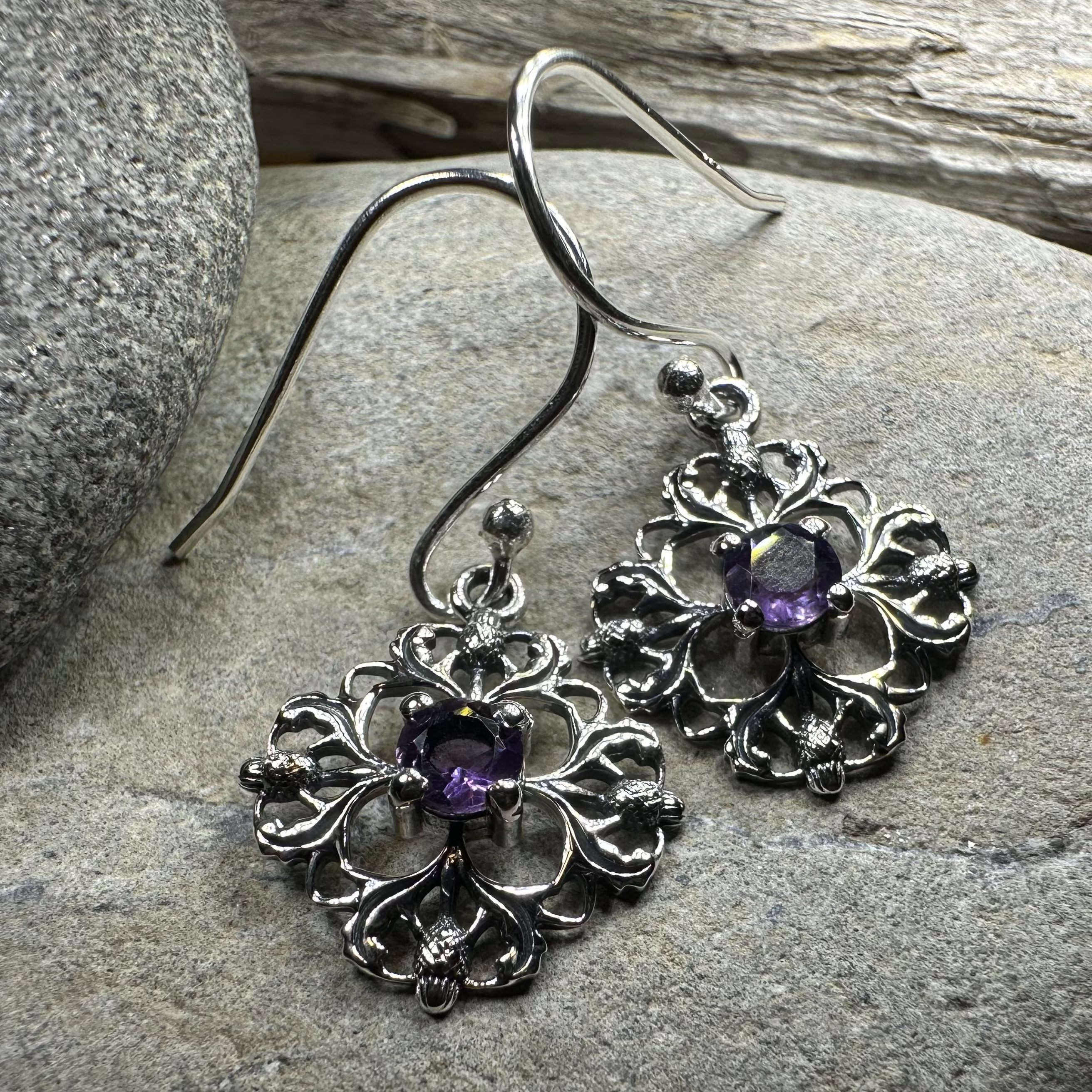 Nairn Scottish Thistle Earrings with Amethysts