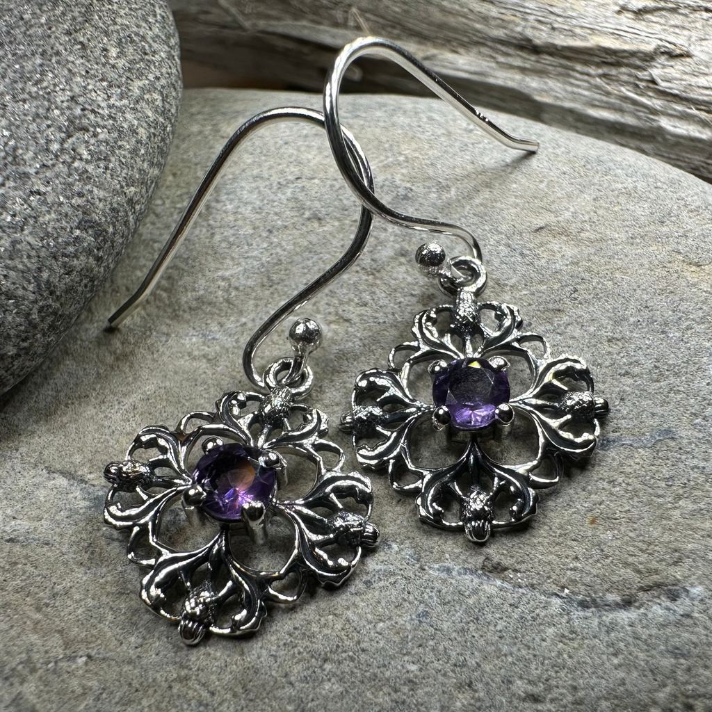 Nairn Scottish Thistle Earrings with Amethysts