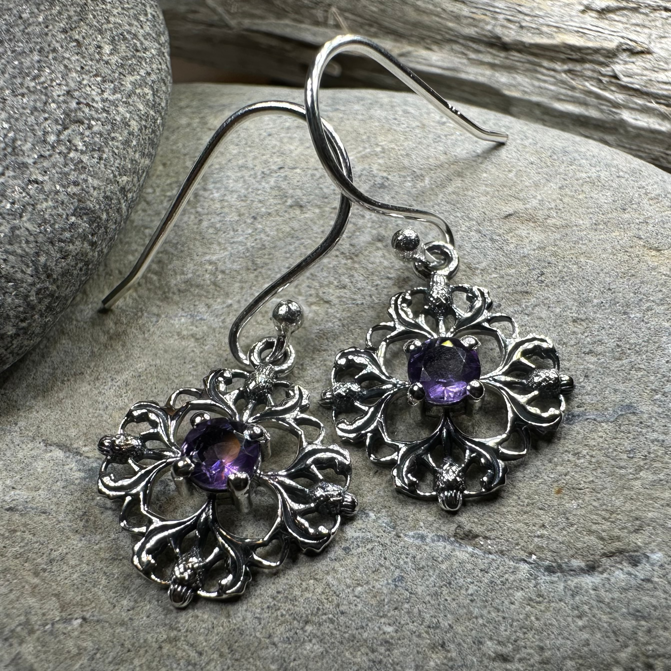 Nairn Scottish Thistle Earrings with Amethysts