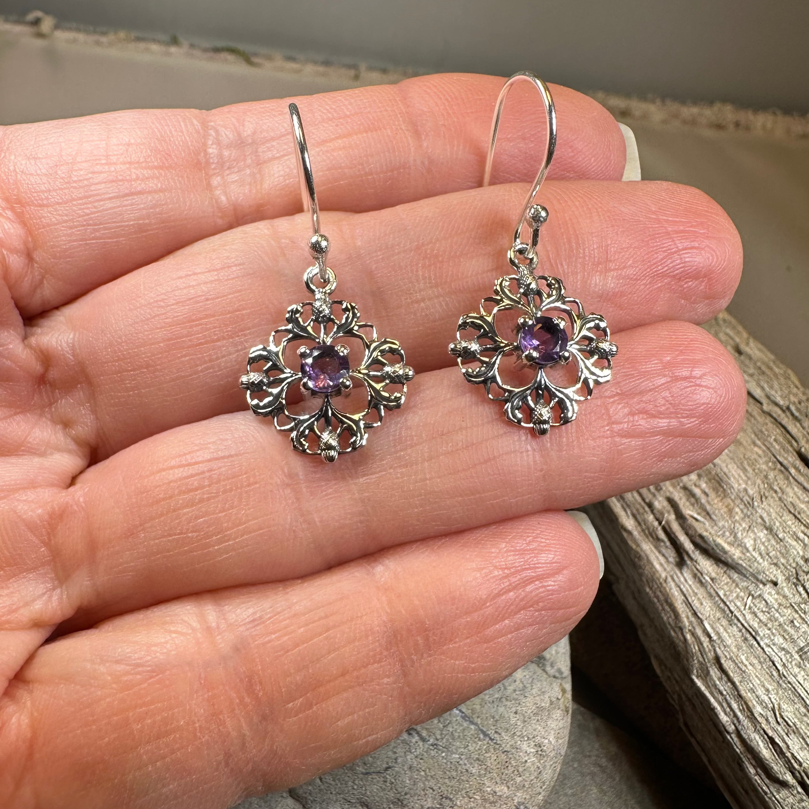Nairn Scottish Thistle Earrings with Amethysts