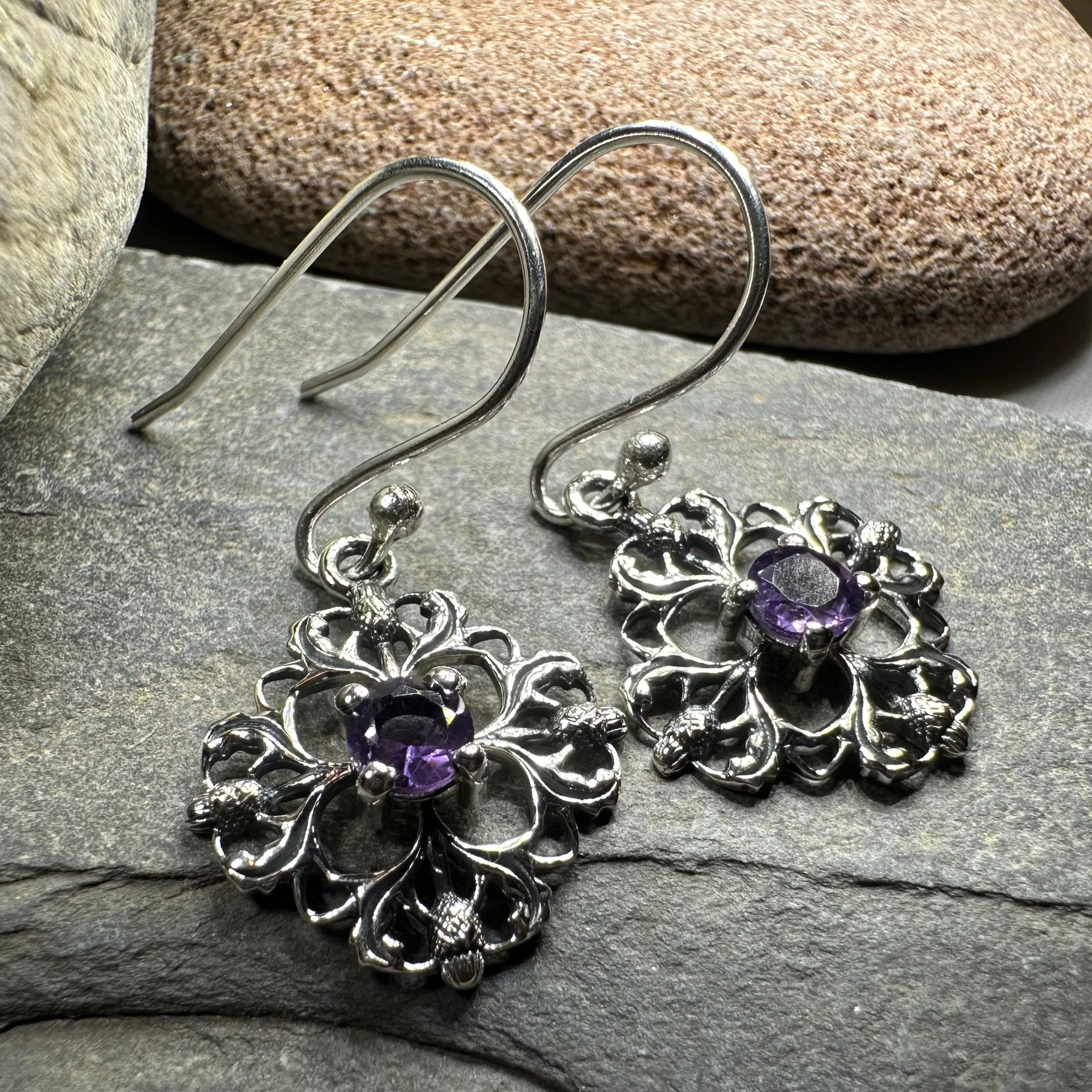 Nairn Scottish Thistle Earrings with Amethysts