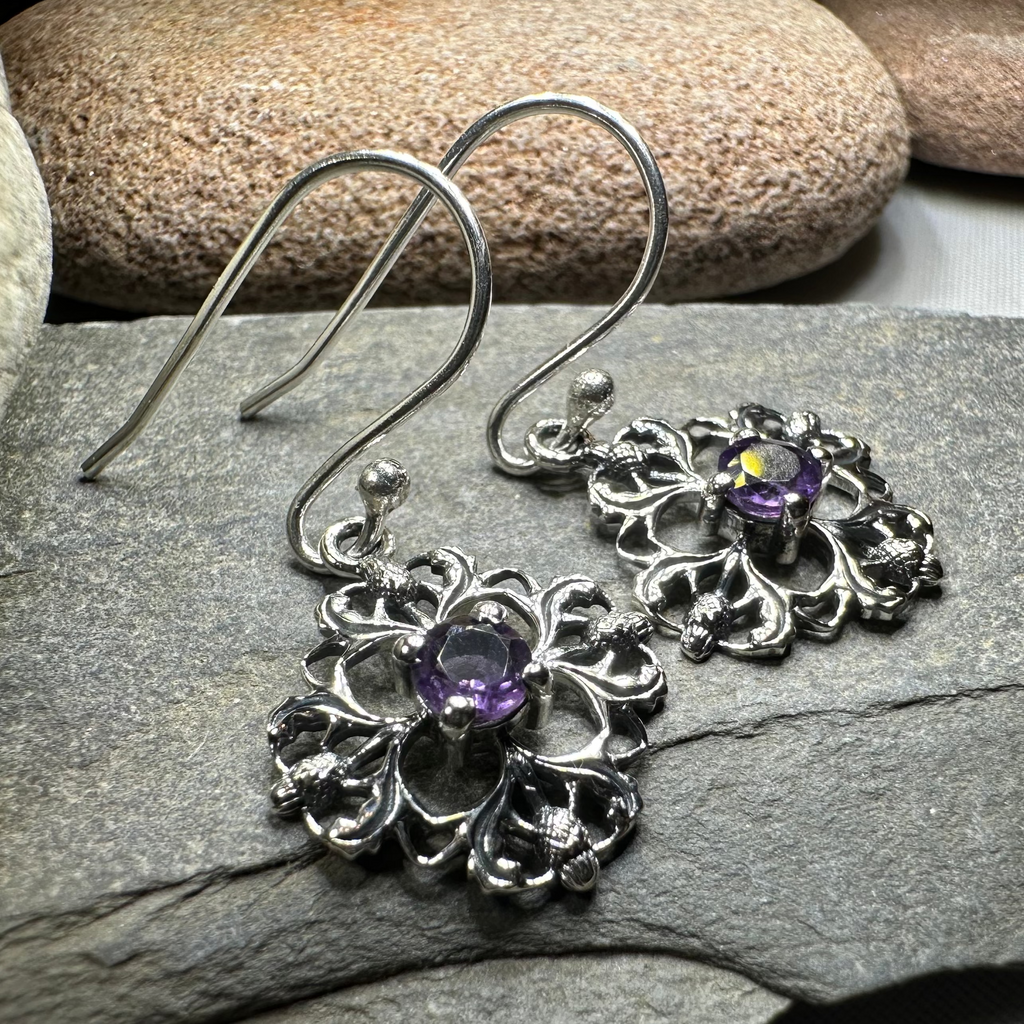 Nairn Scottish Thistle Earrings with Amethysts
