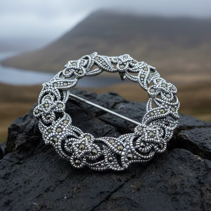 Loch Marcasite Celtic Knot Brooch in Sterling Silver
