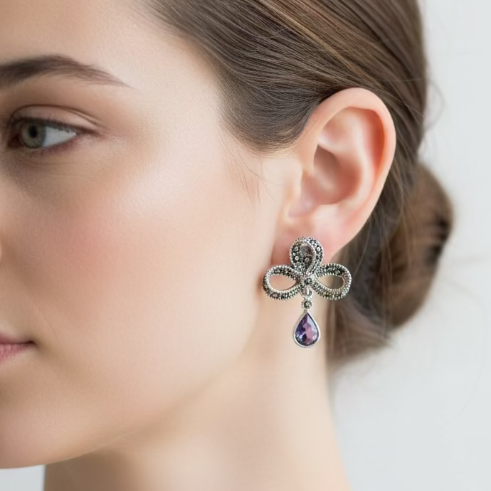 Gemstone Marcasite Bow Stud Earrings