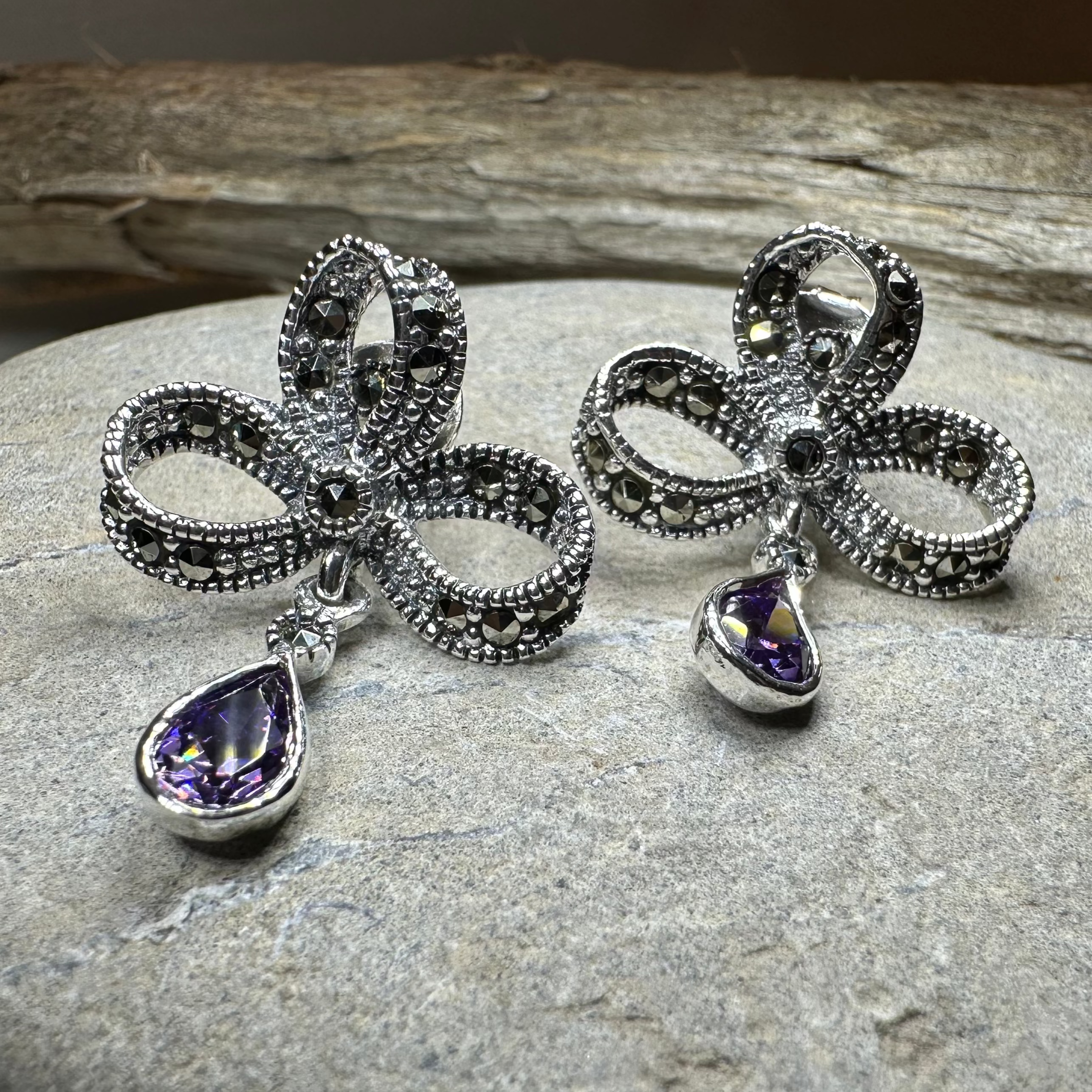 Gemstone Marcasite Bow Stud Earrings