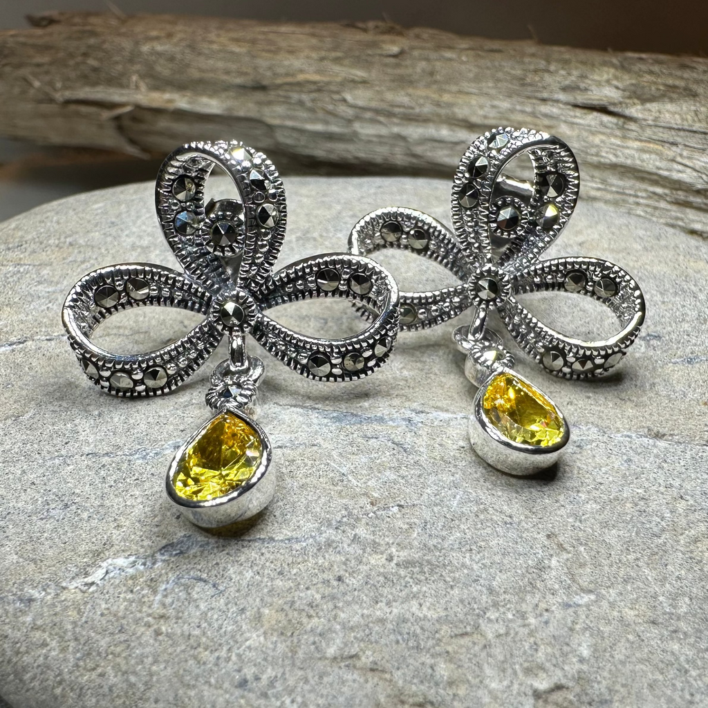 Gemstone Marcasite Bow Stud Earrings