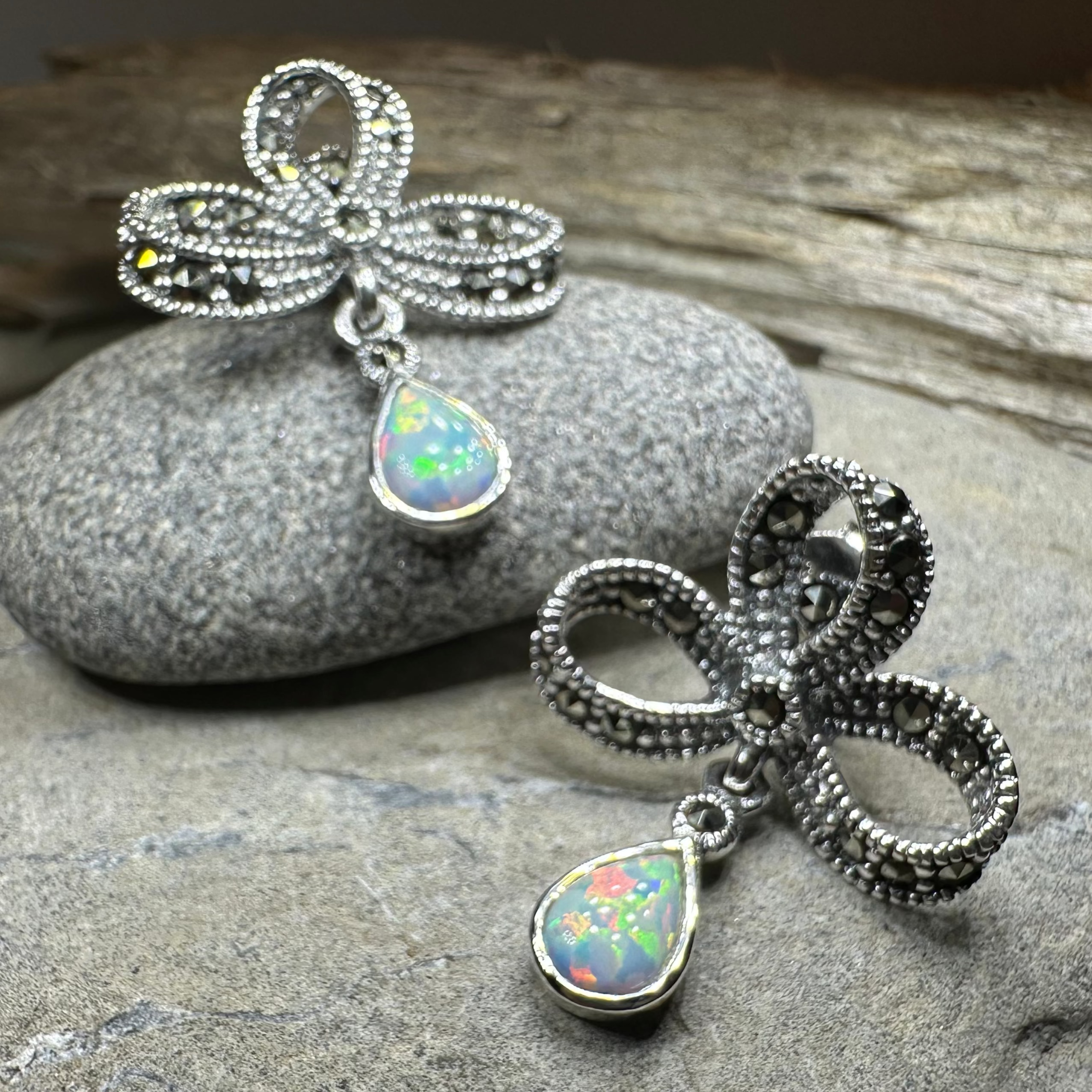 Gemstone Marcasite Bow Stud Earrings