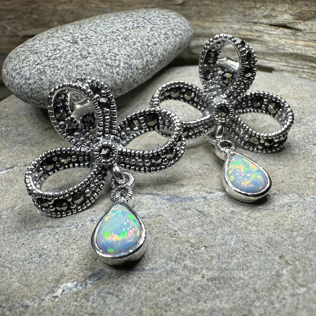 Gemstone Marcasite Bow Stud Earrings