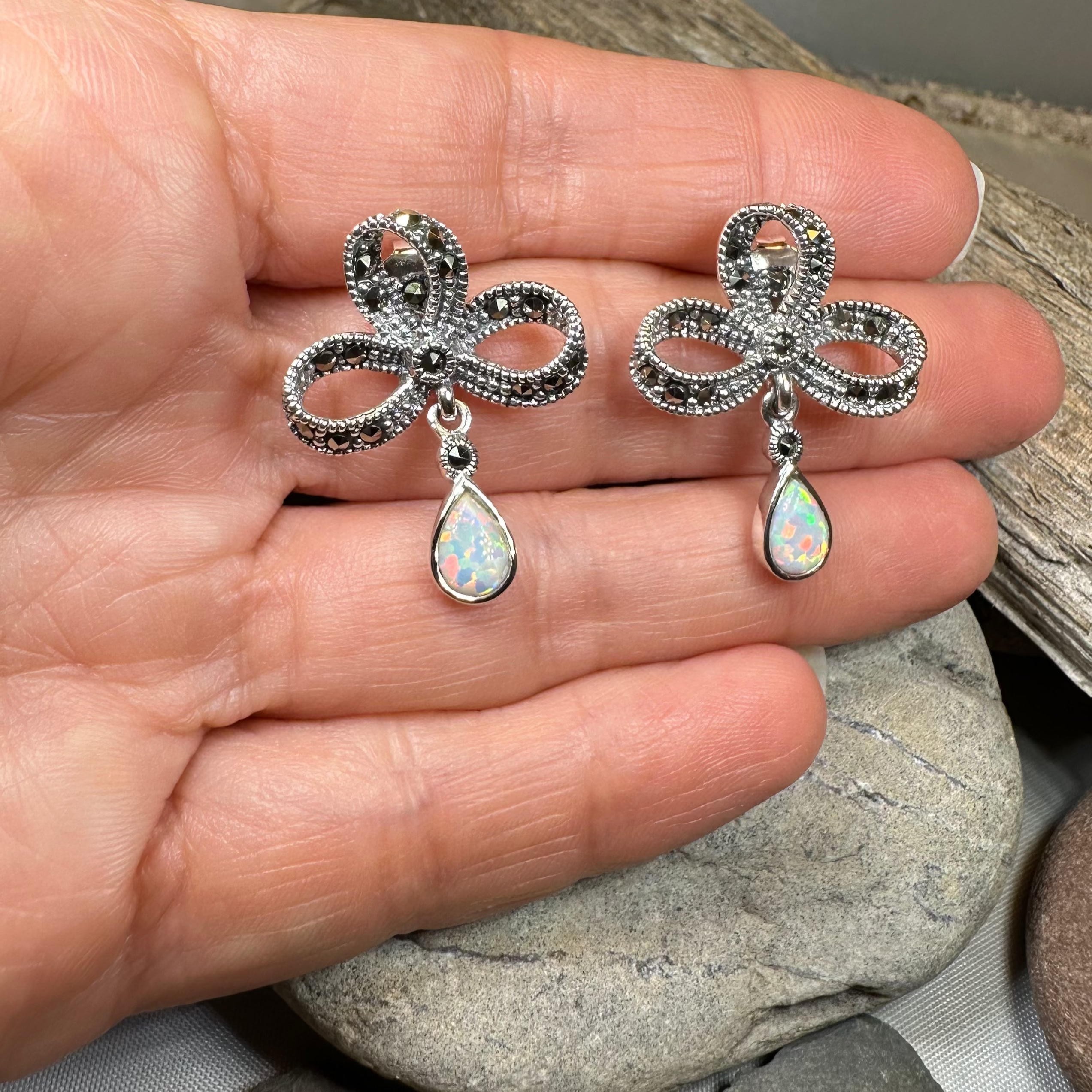 Gemstone Marcasite Bow Stud Earrings