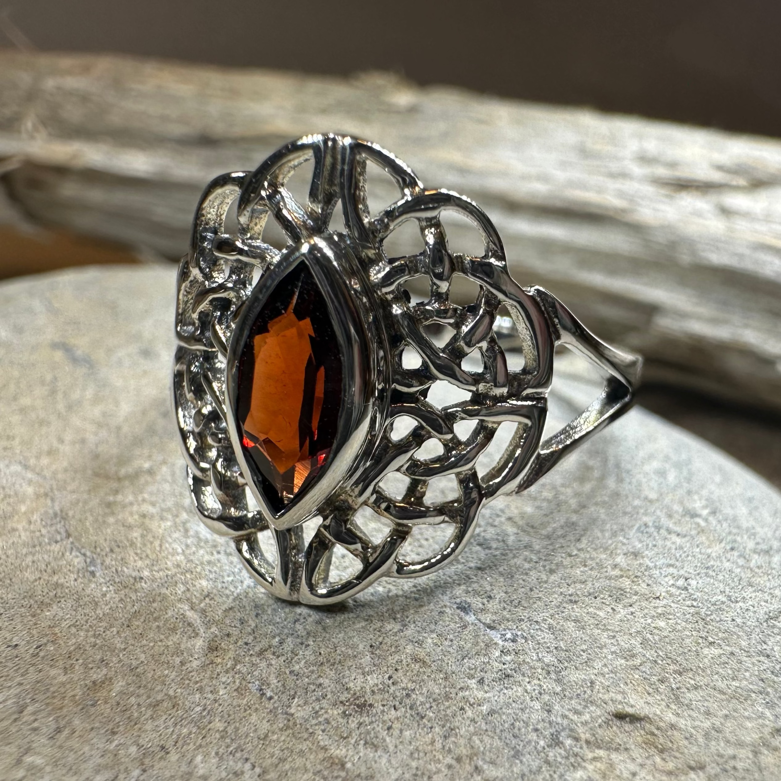 Leanna Garnet Celtic Knot Ring in Sterling Silver