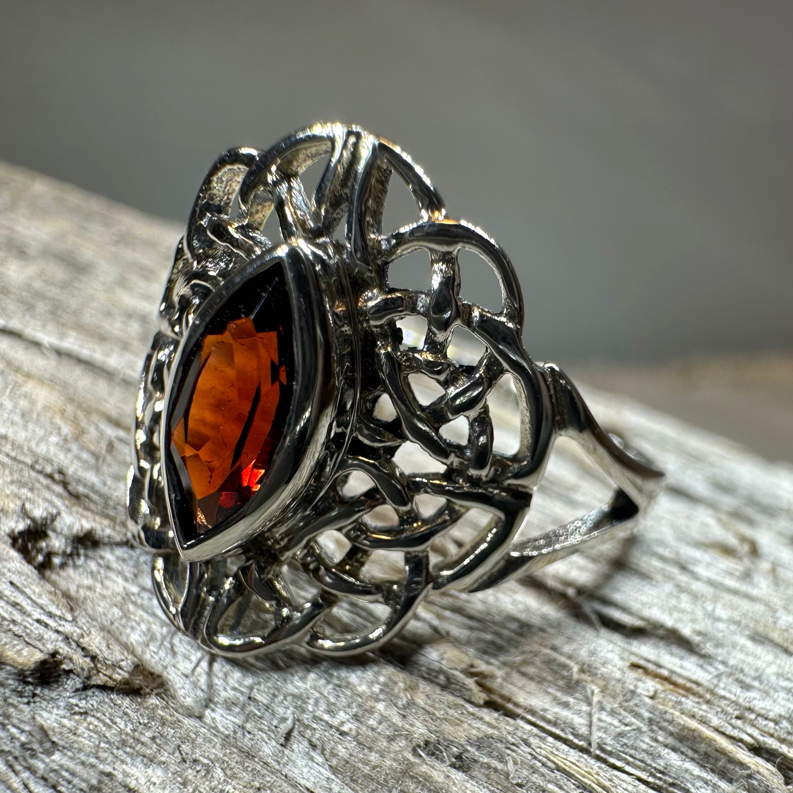 Leanna Garnet Celtic Knot Ring in Sterling Silver