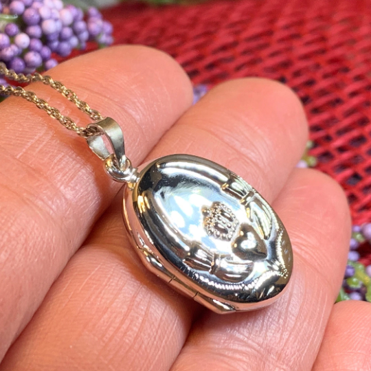 Irish Claddagh Locket Necklace in Sterling Silver